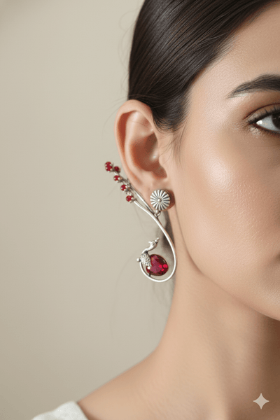 Maroon Monalisa Peacock Ear Cuff Earrings | Oxidised German Silver Statement - Maxiblink