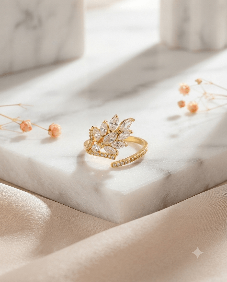 Marquise Leaf Spray Cocktail Ring, free-size open band — MaxiBlink gold-plated demi-fine jewellery