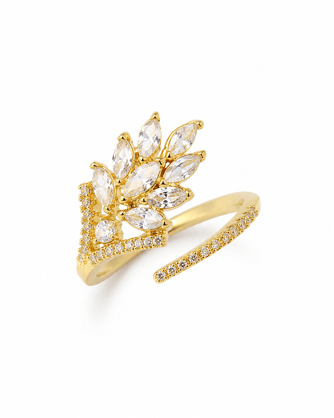 Marquise Leaf Spray Cocktail Ring — anti-tarnish adjustable free-size ring, MaxiBlink demi-fine