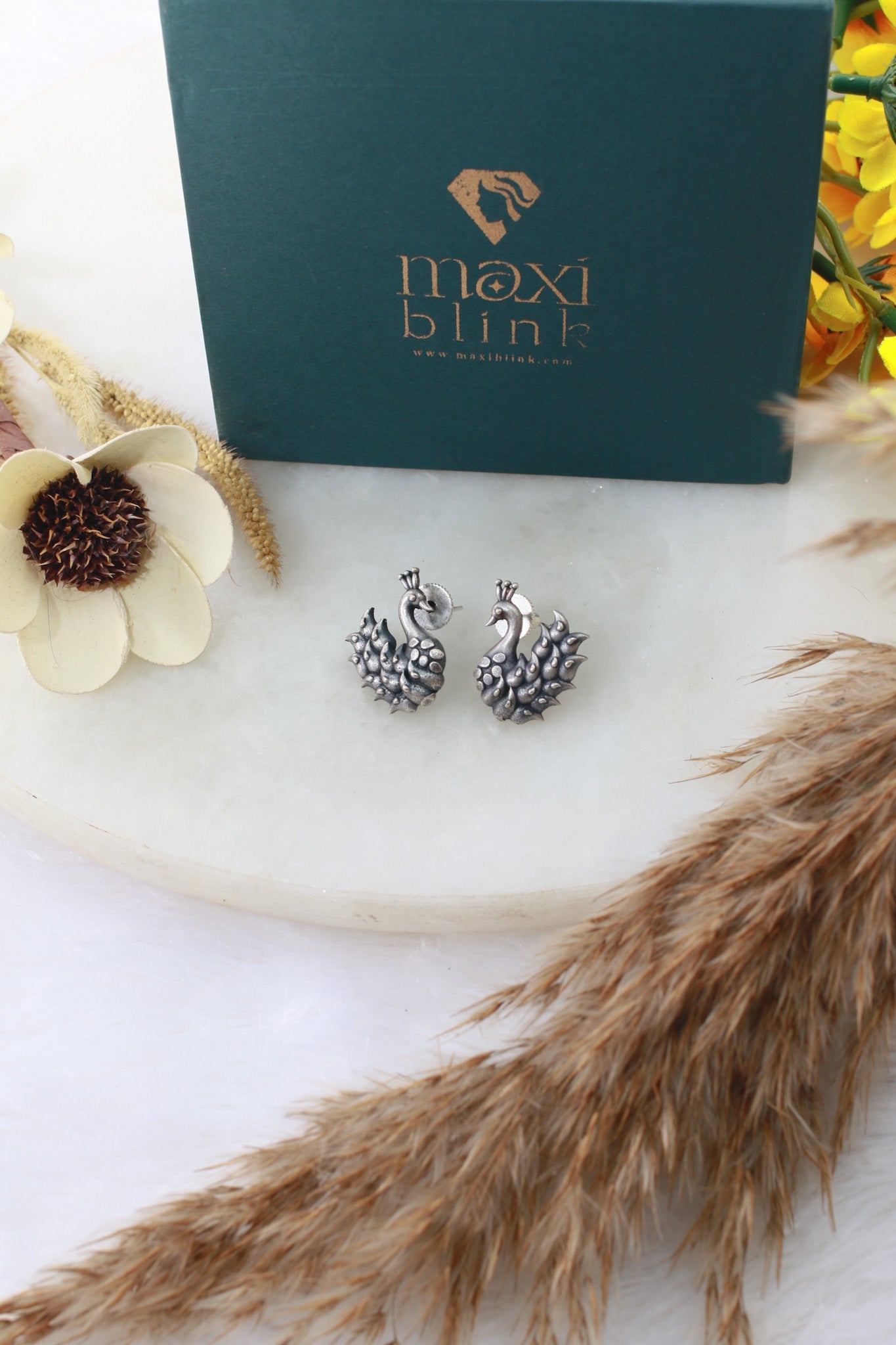 Mini Swan Oxidised German Silver Stud Earrings | Antique Daily Wear Studs - Maxiblink
