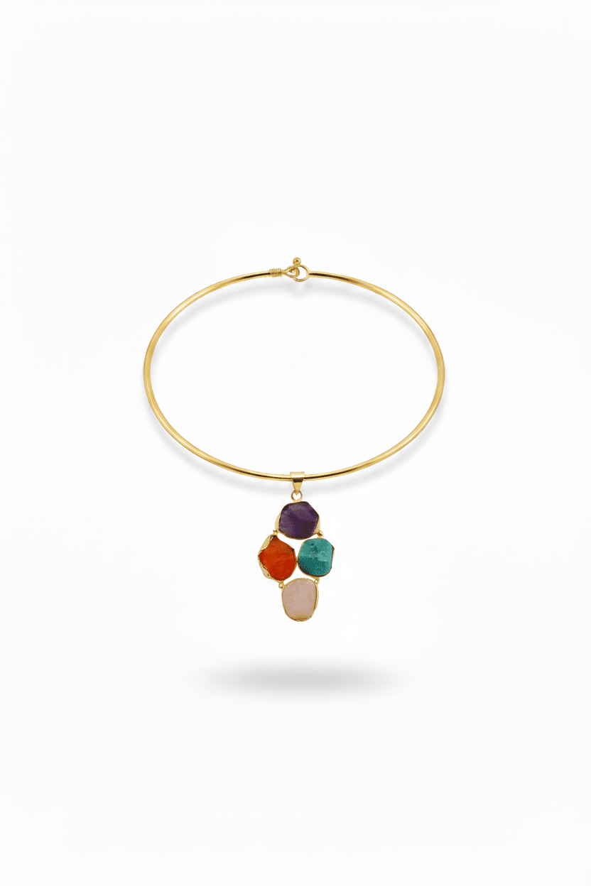 Minimal Hansuli Necklace with Multicolor Stones | Brass Anti Tarnish | Lightweight - Maxiblink