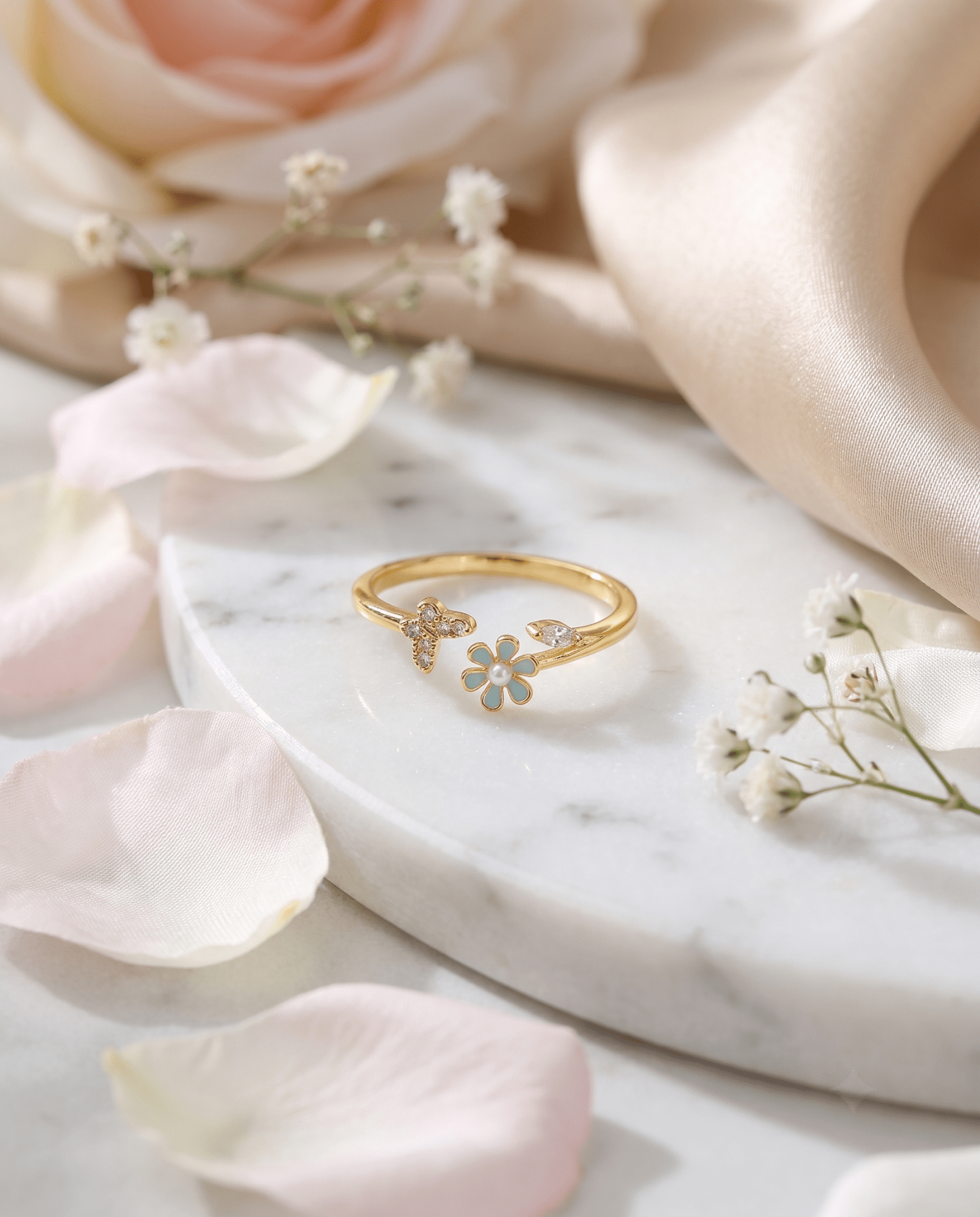 Mint Enamel Flower & Butterfly Ring - Maxiblink