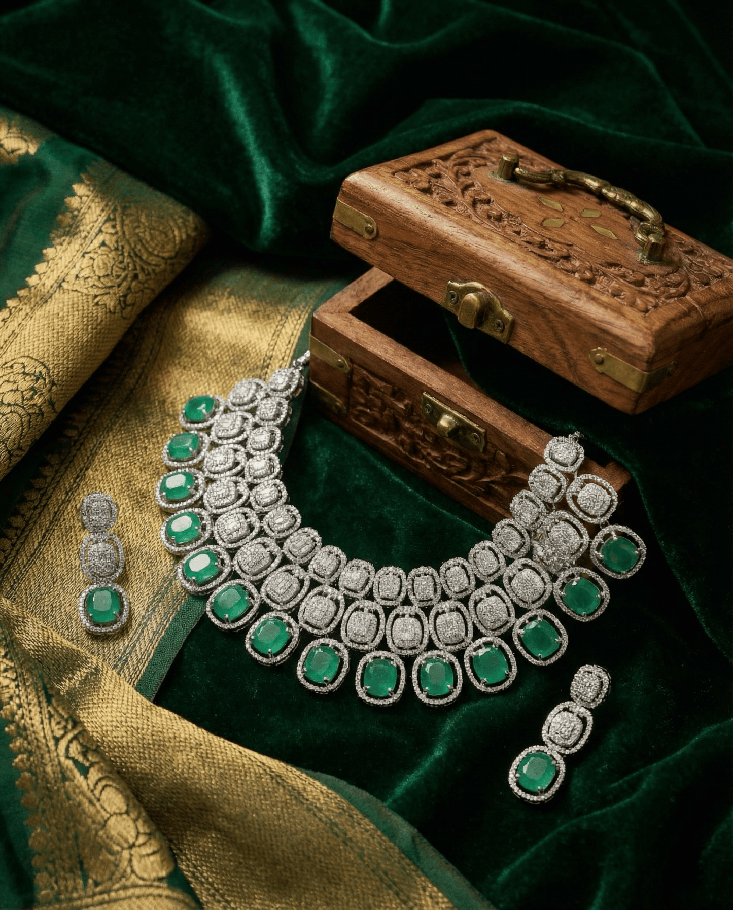 Mint Green Cushion Cut Heavy Necklace Set with Crystal Layers | Wedding Jewellery - Maxiblink
