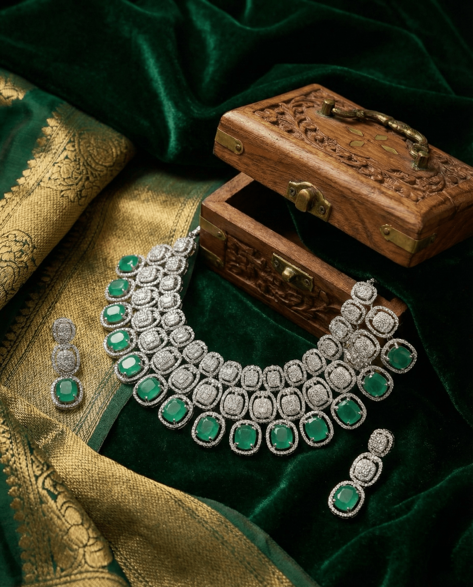 Mint Green Cushion Cut Heavy Necklace Set with Crystal Layers | Wedding Jewellery - Maxiblink