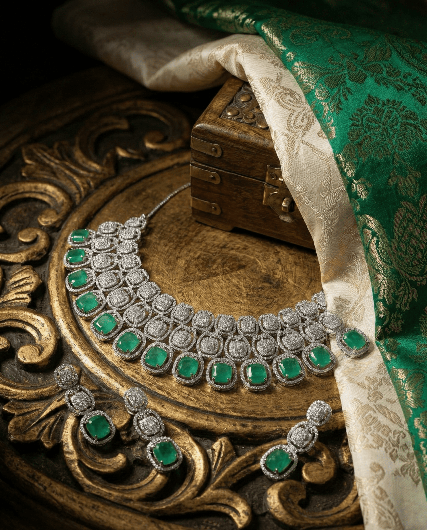 Mint Green Cushion Cut Heavy Necklace Set with Crystal Layers | Wedding Jewellery - Maxiblink