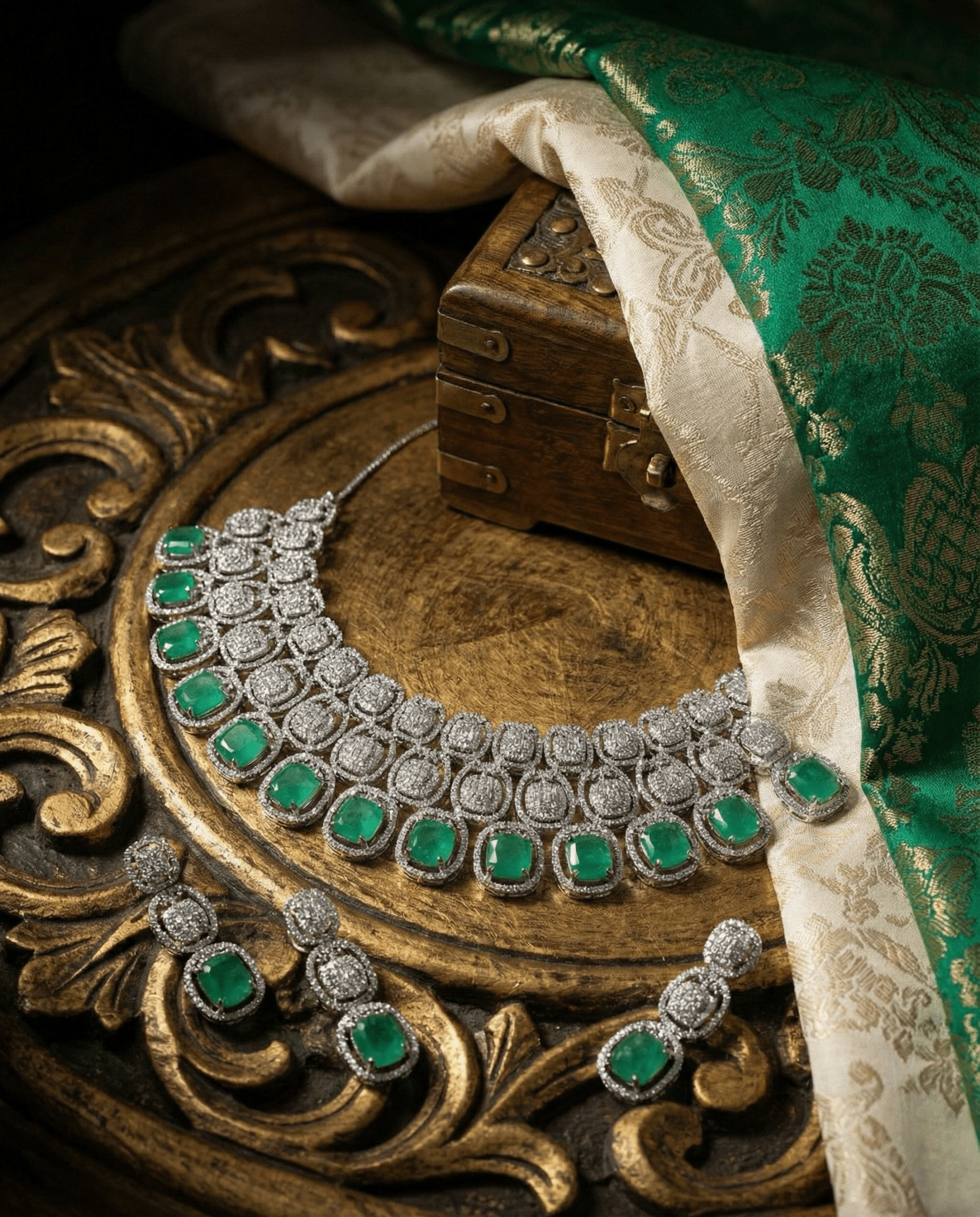 Mint Green Cushion Cut Heavy Necklace Set with Crystal Layers | Wedding Jewellery - Maxiblink
