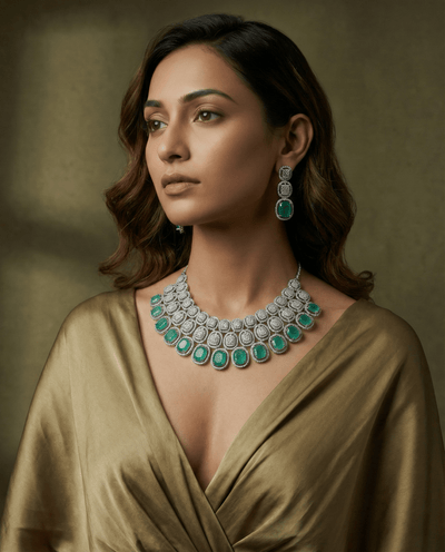 Mint Green Cushion Cut Heavy Necklace Set with Crystal Layers | Wedding Jewellery - Maxiblink