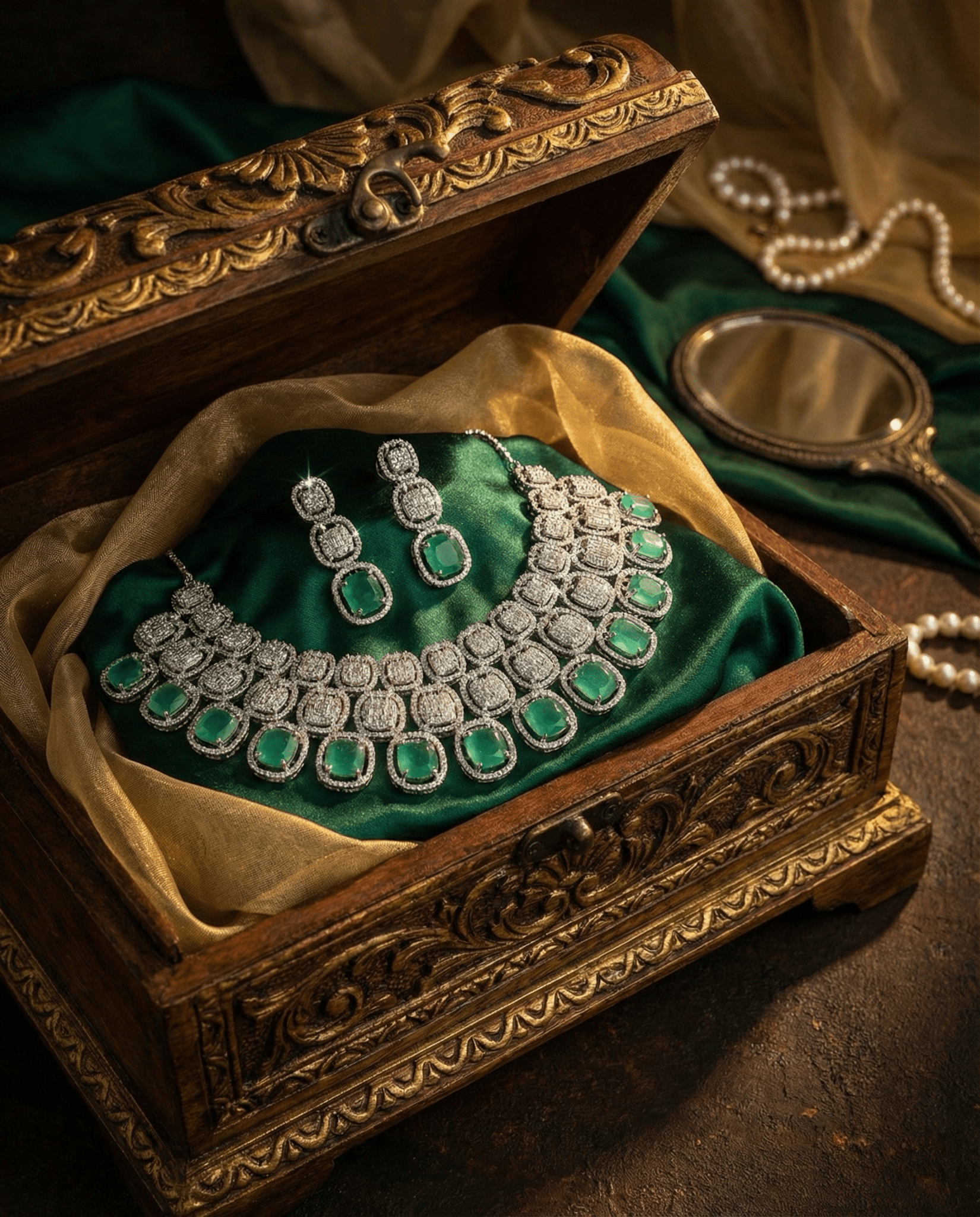Mint Green Cushion Cut Heavy Necklace Set with Crystal Layers | Wedding Jewellery - Maxiblink