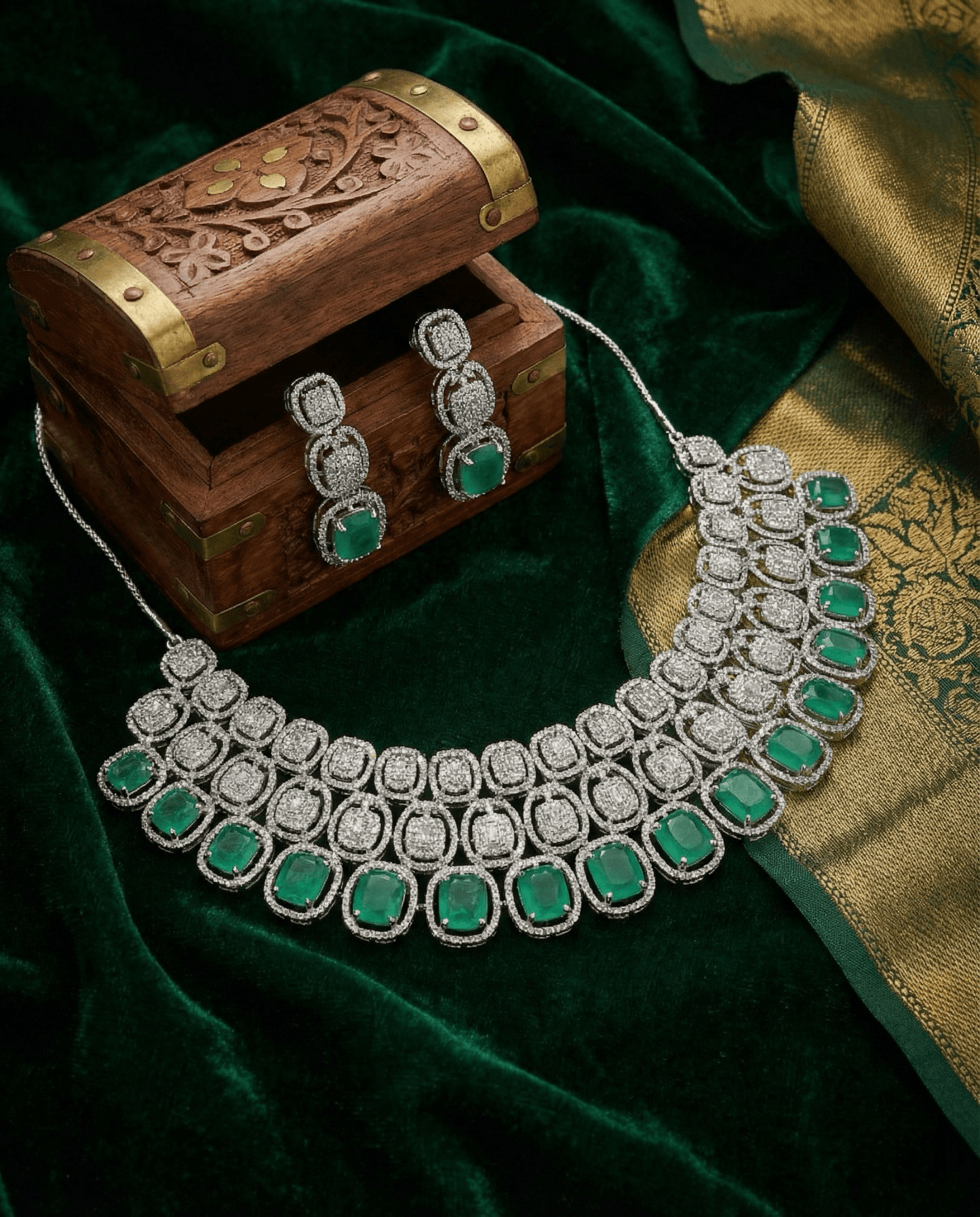 Mint Green Cushion Cut Heavy Necklace Set with Crystal Layers | Wedding Jewellery - Maxiblink