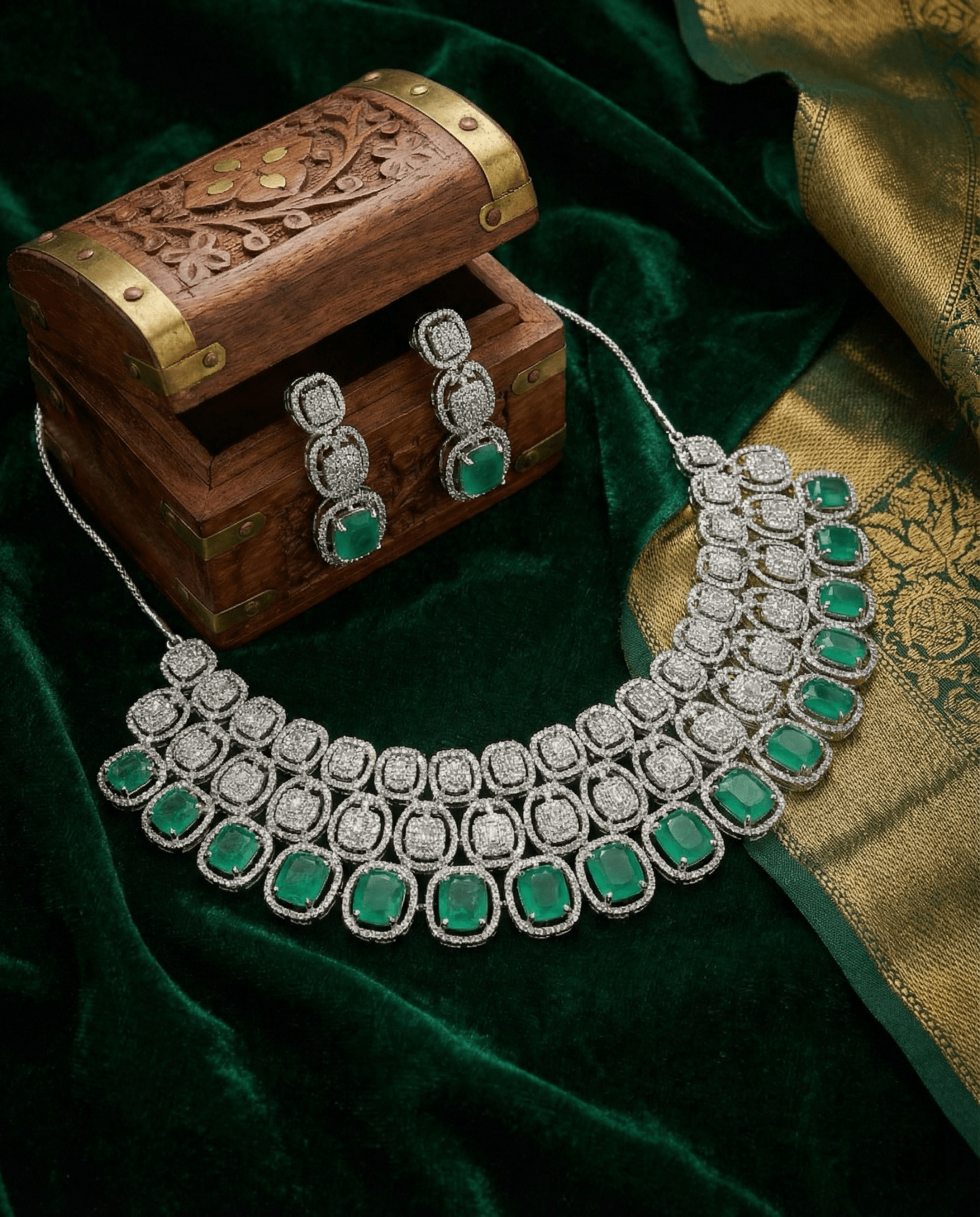 Mint Green Cushion Cut Heavy Necklace Set with Crystal Layers | Wedding Jewellery - Maxiblink