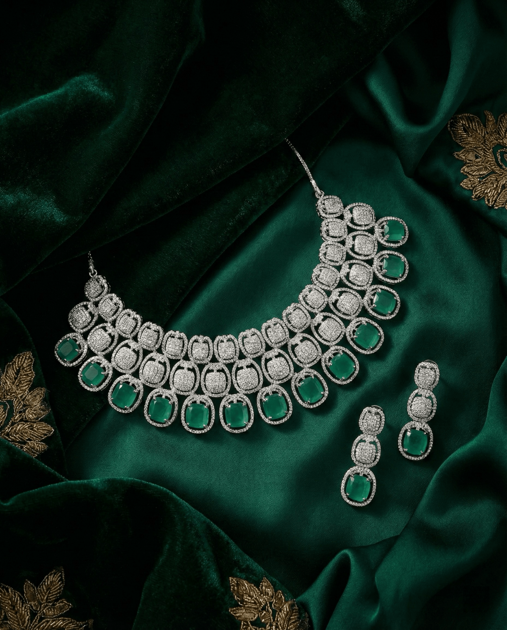 Mint Green Cushion Cut Heavy Necklace Set with Crystal Layers | Wedding Jewellery - Maxiblink