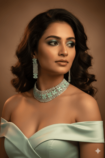 Mint Green Floral AD Choker Necklace with Maangtika | Wedding Set - Maxiblink