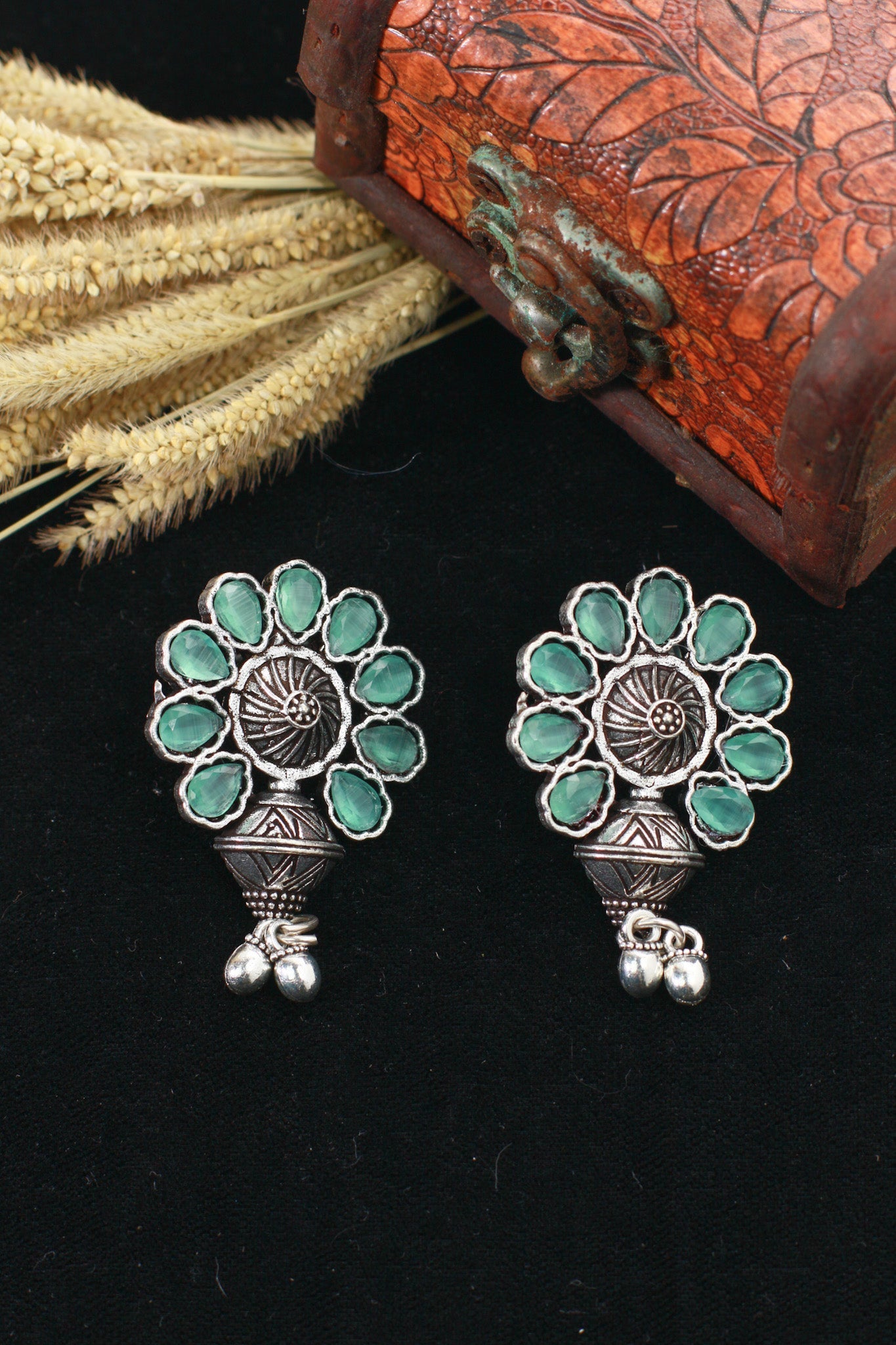 Mint Green Monalisa Floral Stud Danglers with Ghungroo Drops | Oxidised - Maxiblink