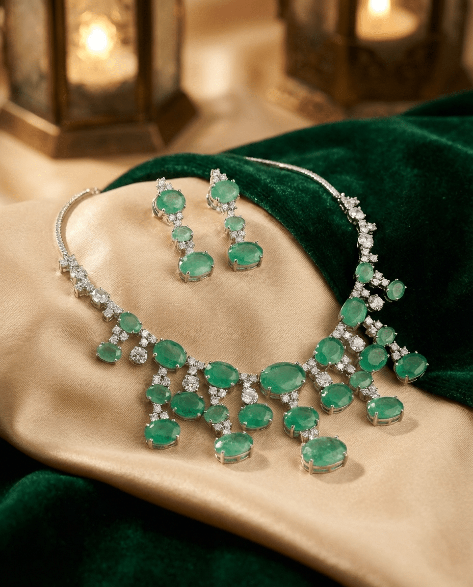 Mint Green Oval Drop Necklace Set with Crystal Detailing | Elegant Party Jewellery - Maxiblink