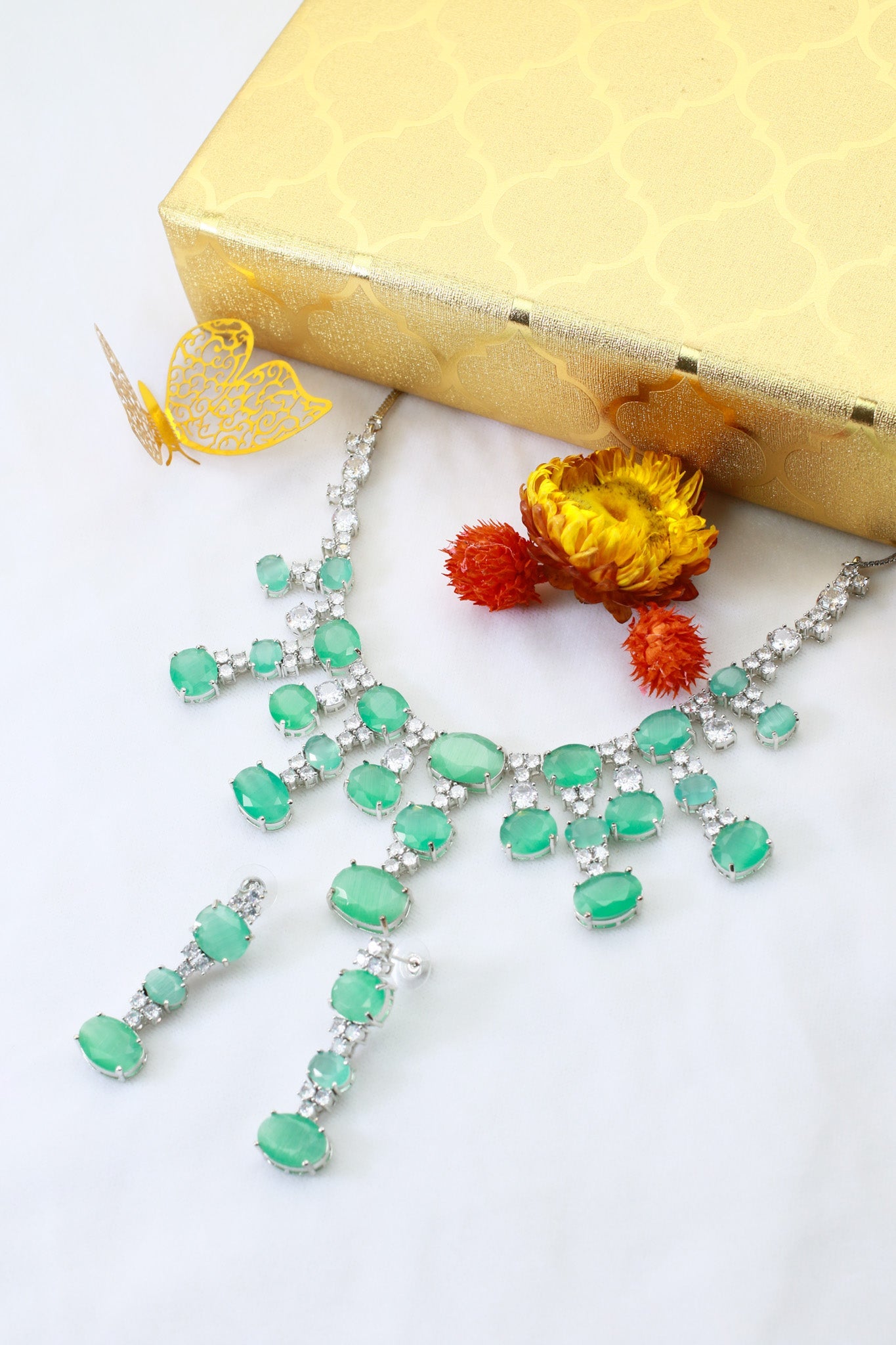 Mint Green Oval Drop Necklace Set with Crystal Detailing | Elegant Party Jewellery - Maxiblink