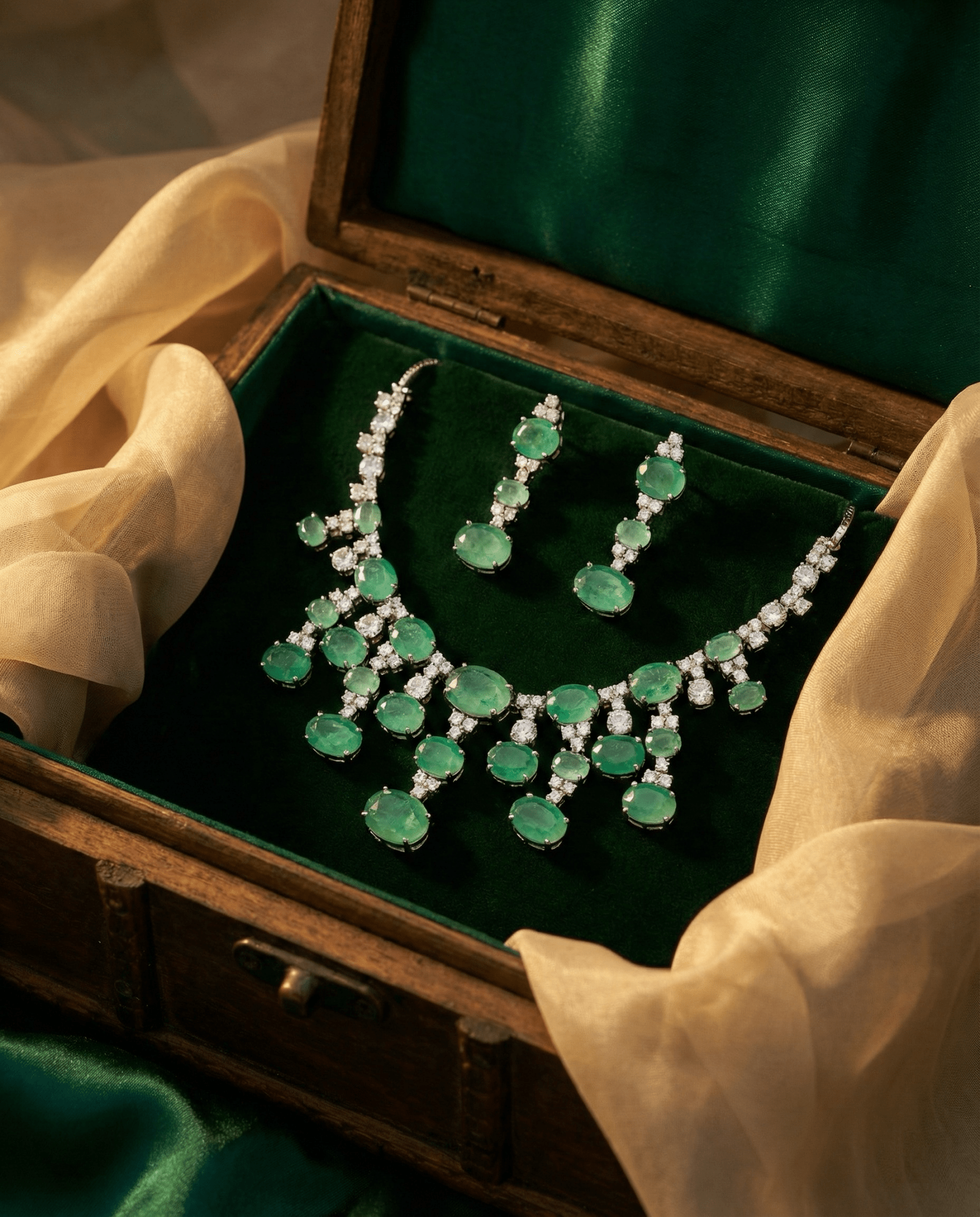 Mint Green Oval Drop Necklace Set with Crystal Detailing | Elegant Party Jewellery - Maxiblink