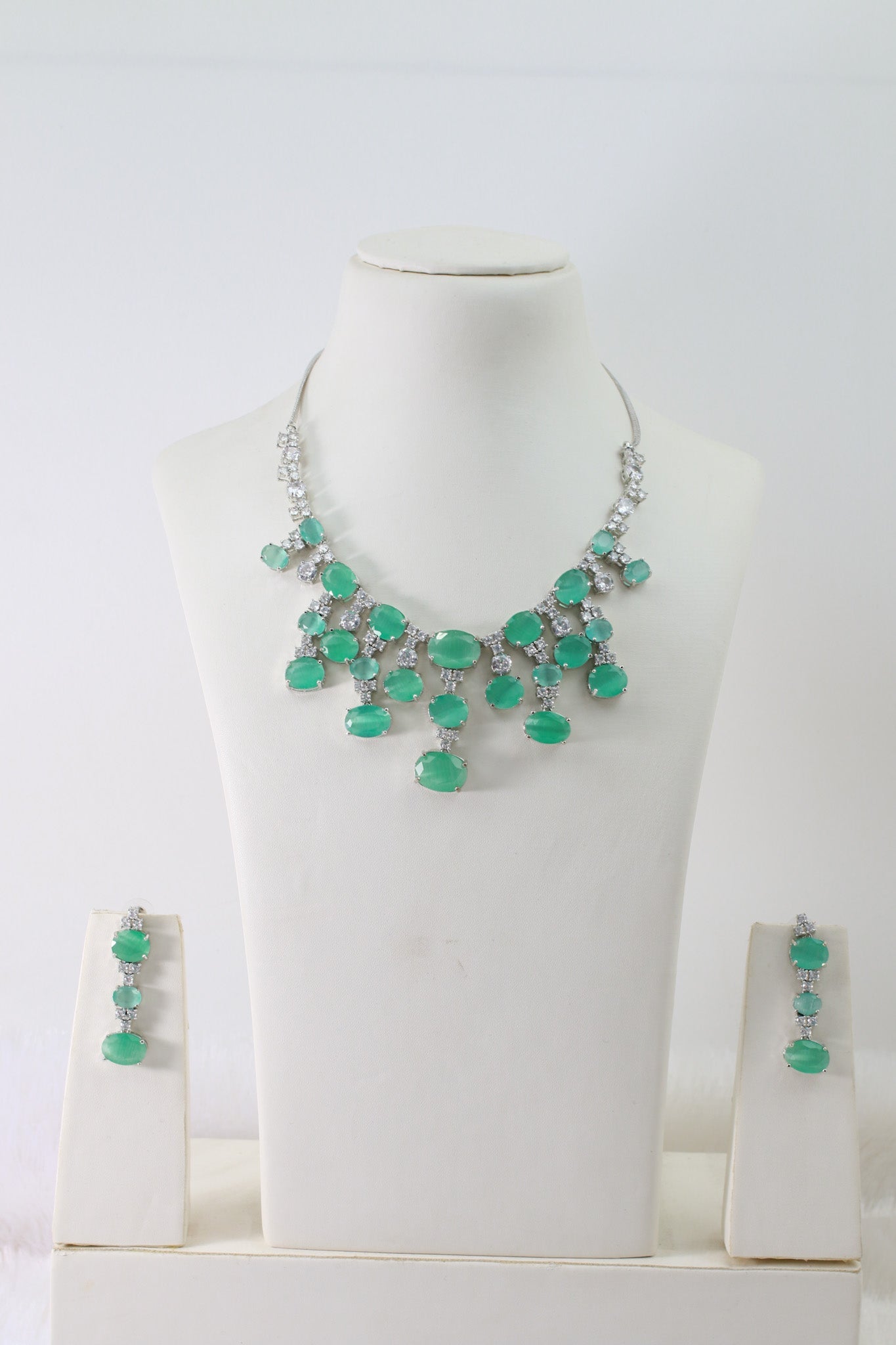 Mint Green Oval Drop Necklace Set with Crystal Detailing | Elegant Party Jewellery - Maxiblink