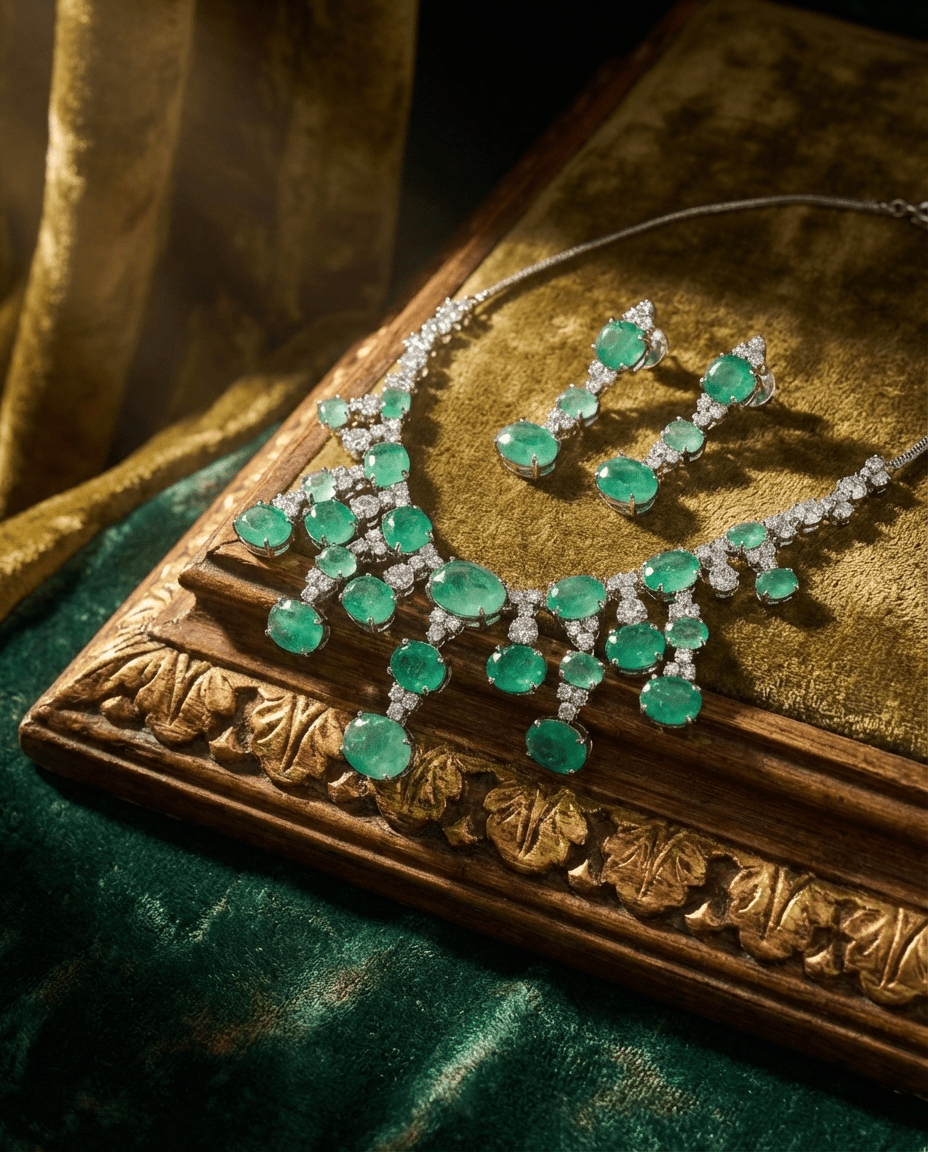 Mint Green Oval Drop Necklace Set with Crystal Detailing | Elegant Party Jewellery - Maxiblink