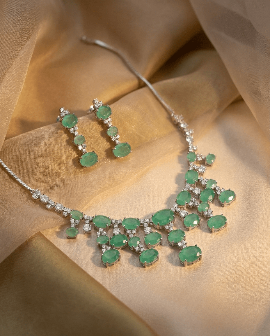 Mint Green Oval Drop Necklace Set with Crystal Detailing | Elegant Party Jewellery - Maxiblink