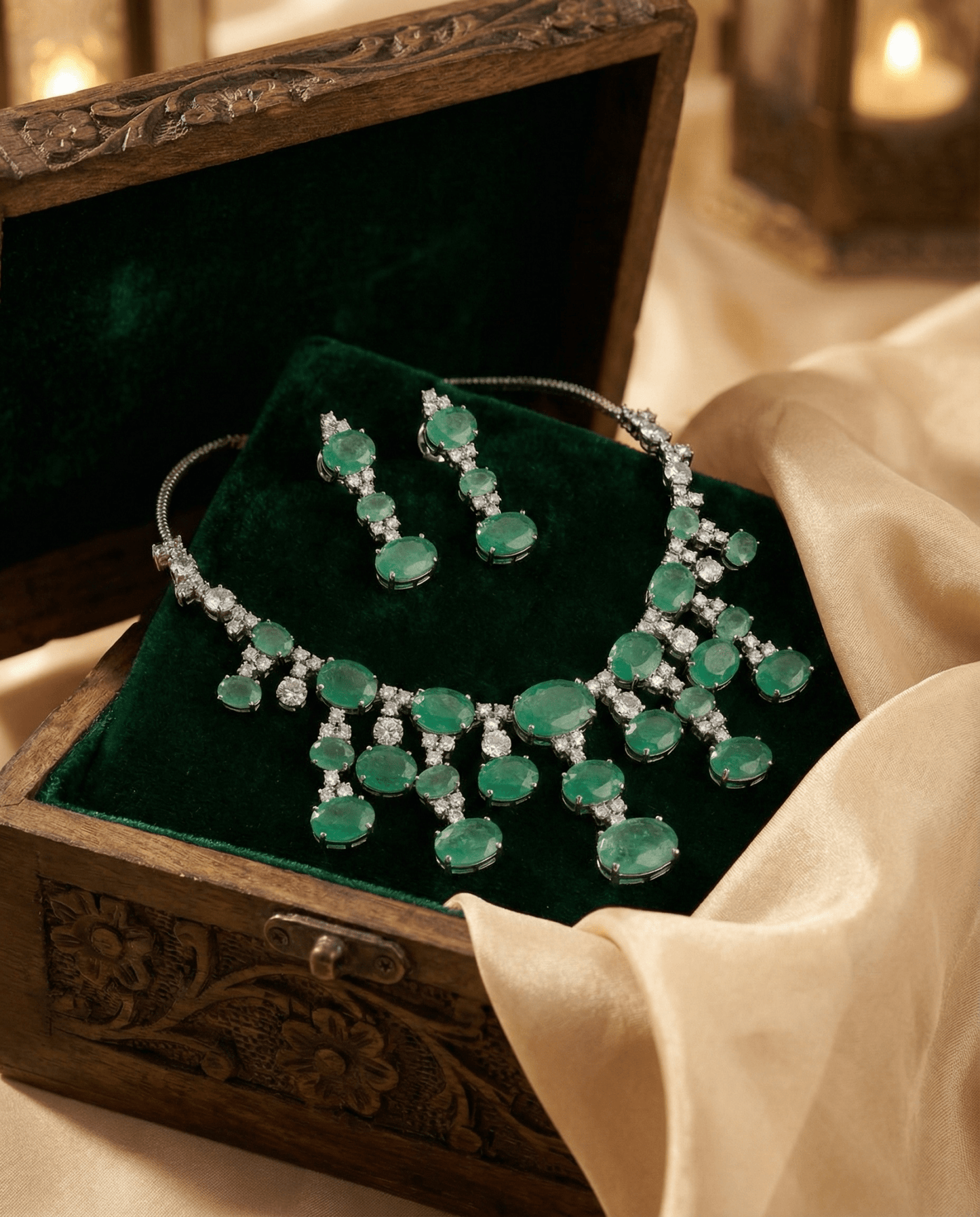 Mint Green Oval Drop Necklace Set with Crystal Detailing | Elegant Party Jewellery - Maxiblink