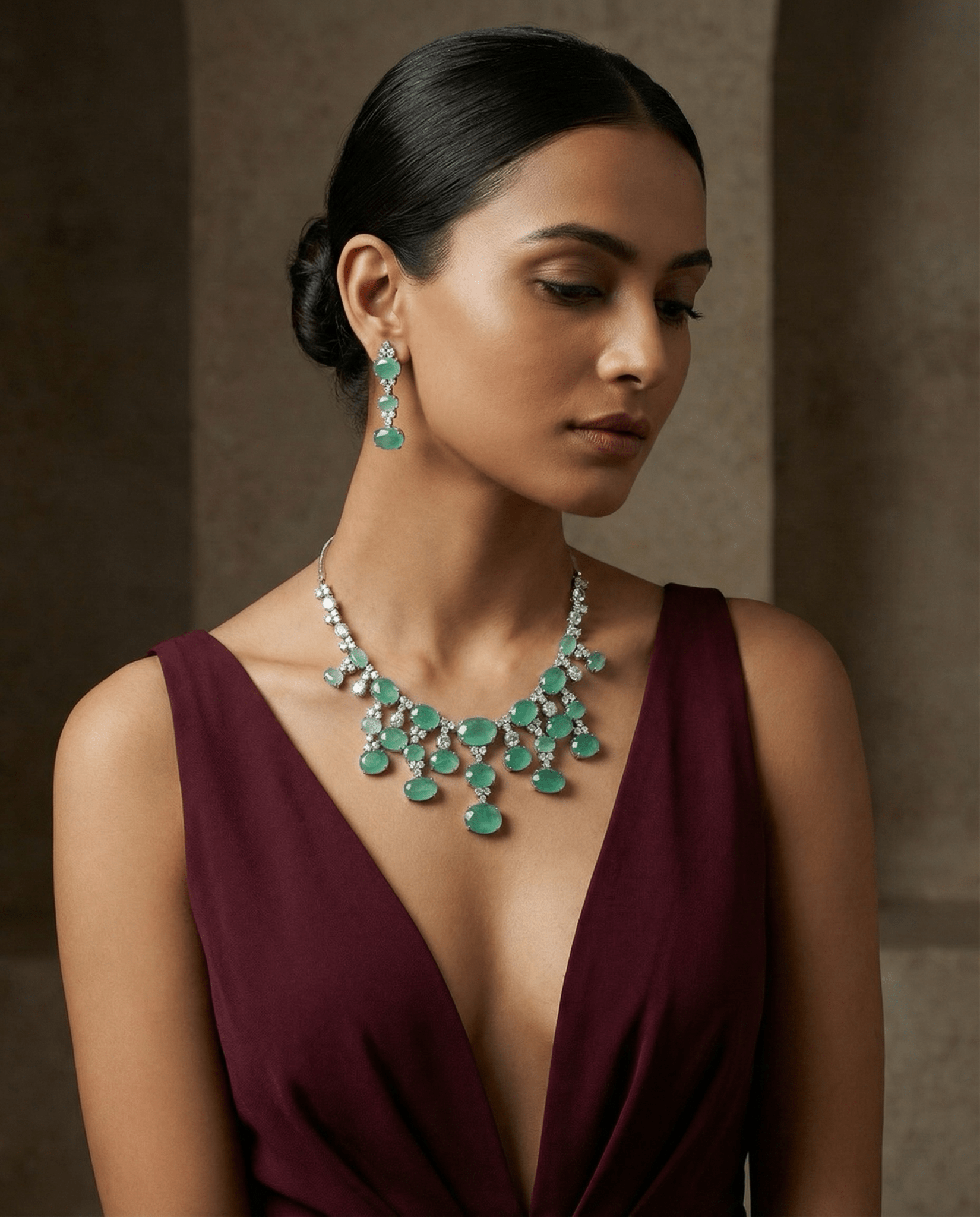 Mint Green Oval Drop Necklace Set with Crystal Detailing | Elegant Party Jewellery - Maxiblink
