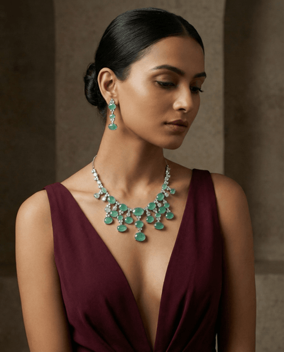 Mint Green Oval Drop Necklace Set with Crystal Detailing | Elegant Party Jewellery - Maxiblink