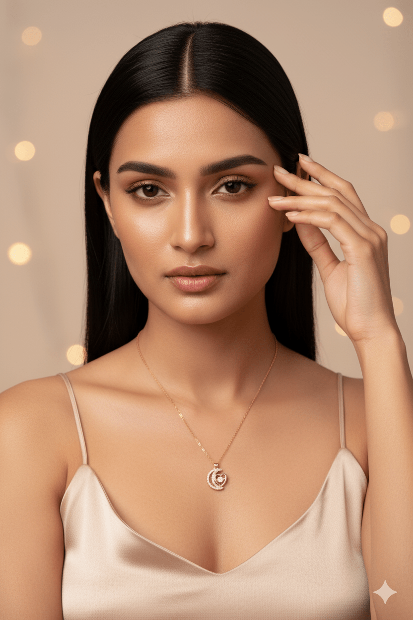 Moon & Heart Pendant Necklace – Gold Plated with CZ Stones - Maxiblink