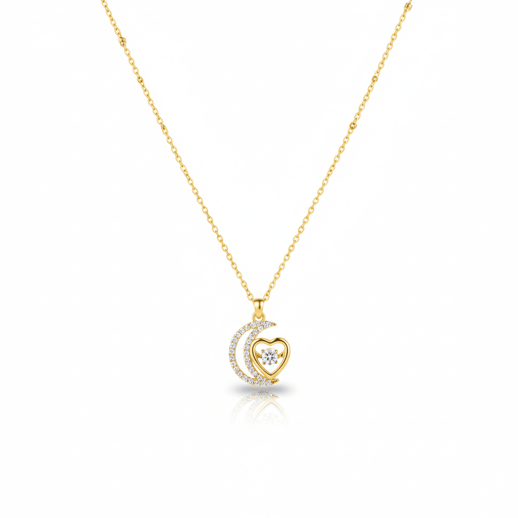 Moon & Heart Pendant Necklace – Gold Plated with CZ Stones - Maxiblink