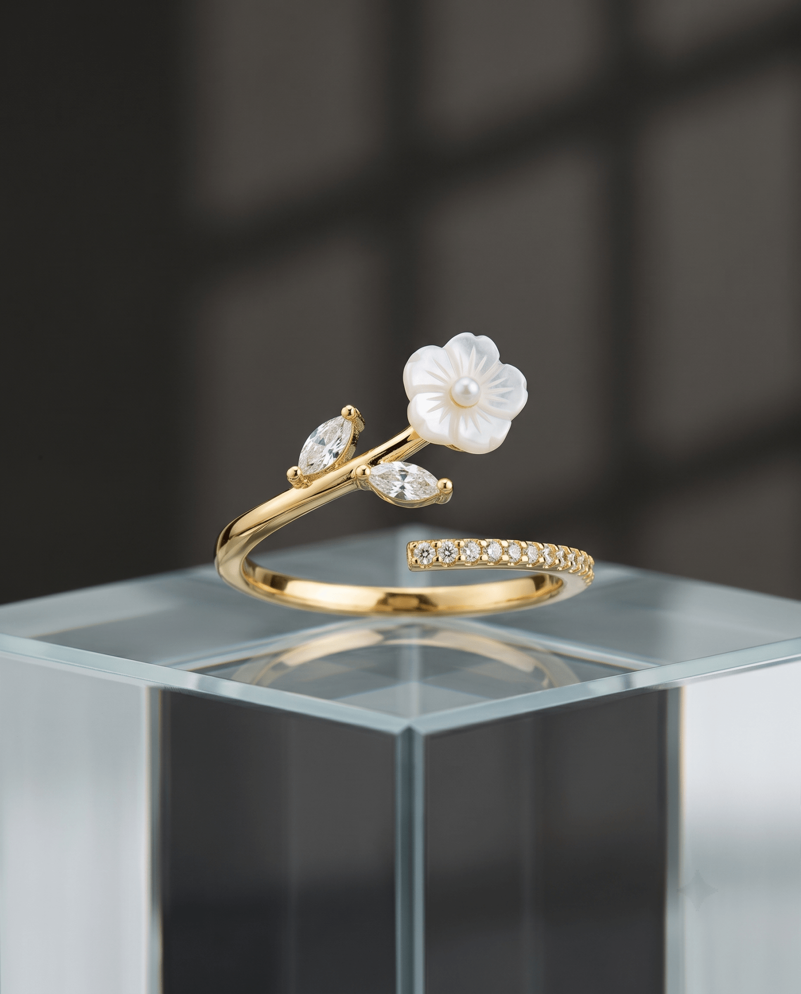 Mother-of-Pearl Flower & Leaf Sprig Ring, free-size open band — MaxiBlink gold-plated demi-fine jewellery