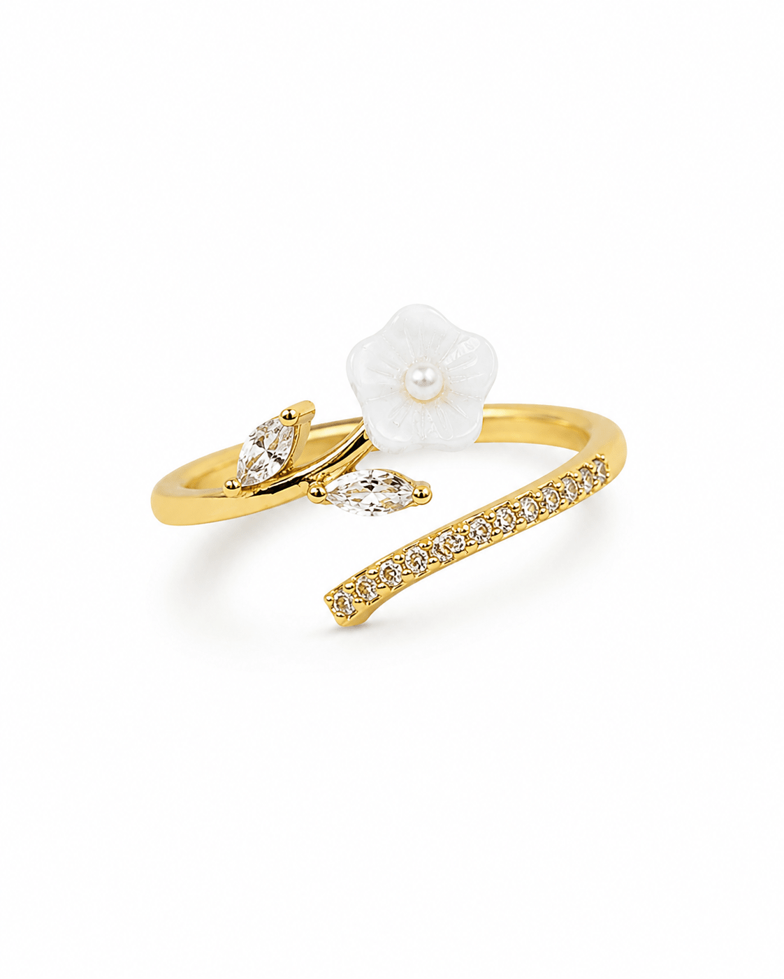 Mother-of-Pearl Flower & Leaf Sprig Ring — anti-tarnish adjustable free-size ring, MaxiBlink demi-fine