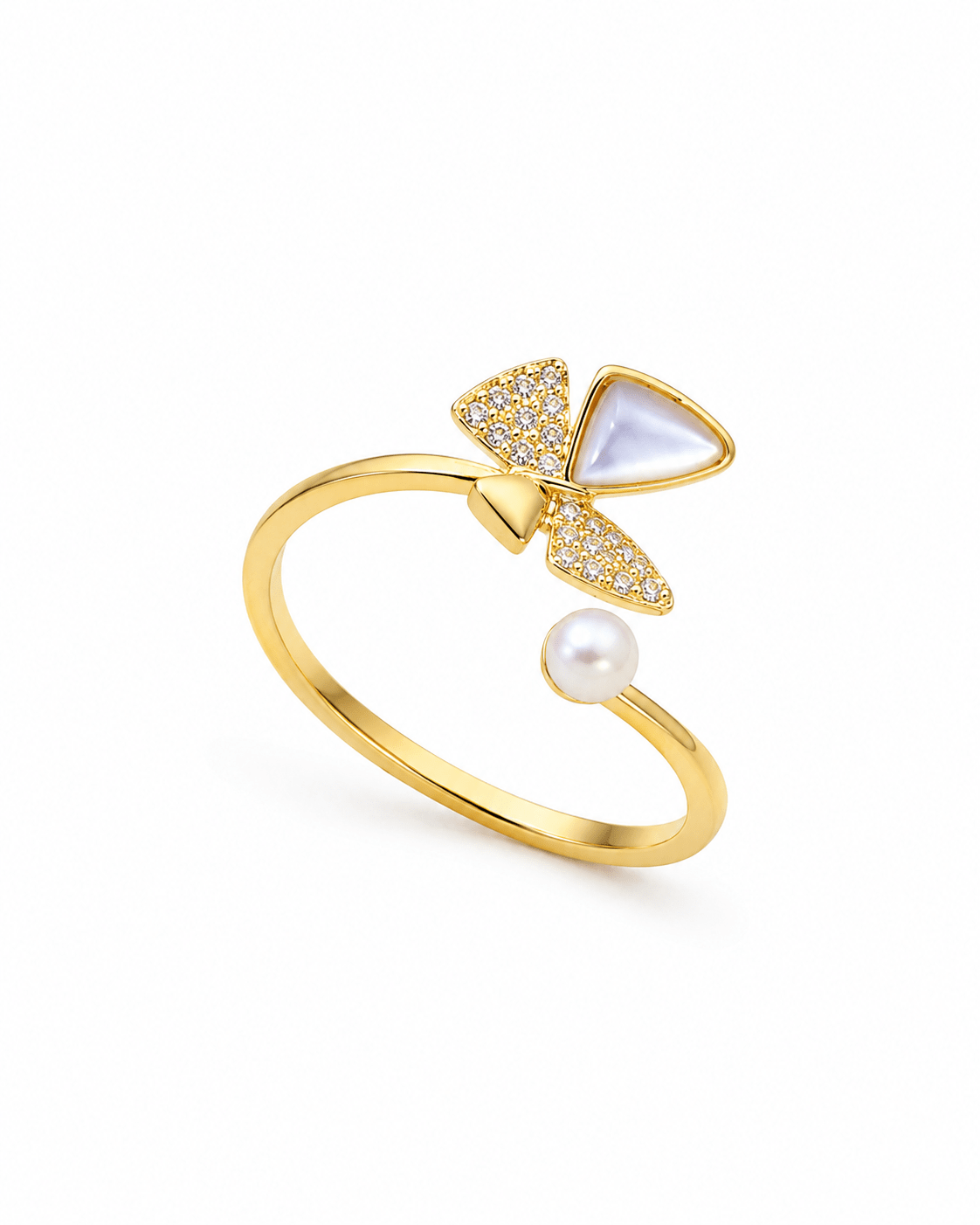 Mother-of-Pearl Petal & Pearl Ring — anti-tarnish adjustable free-size ring, MaxiBlink demi-fine