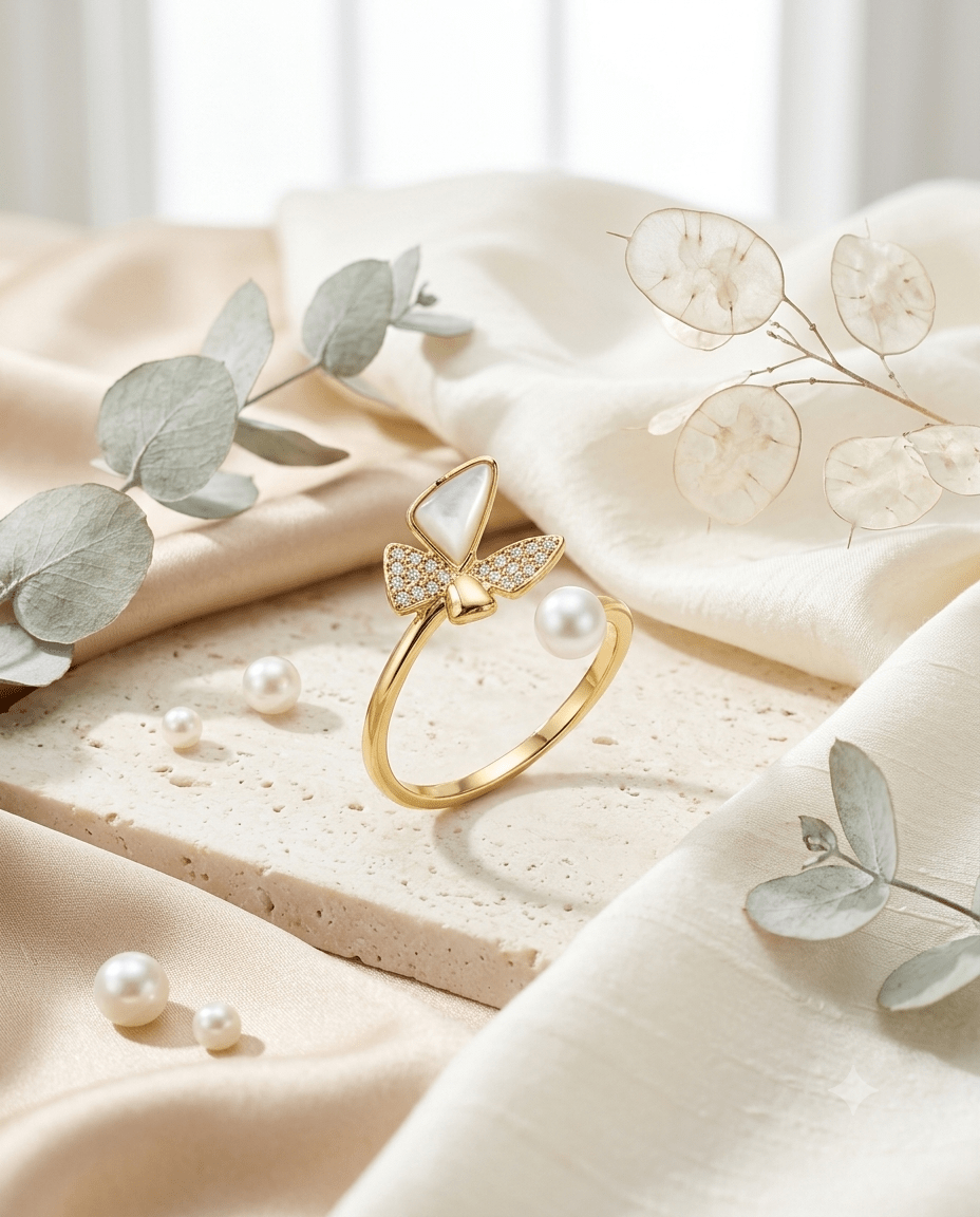 mother-of-pearl gold-plated flower ring — Mother-of-Pearl Petal & Pearl Ring by MaxiBlink