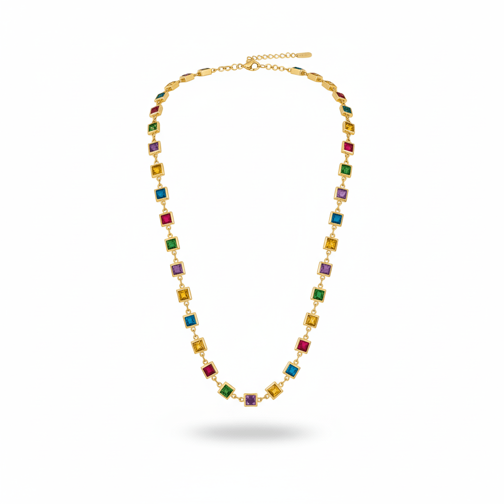 Multi - Color Square Stone Necklace – Gold Plated Statement Jewelry - Maxiblink