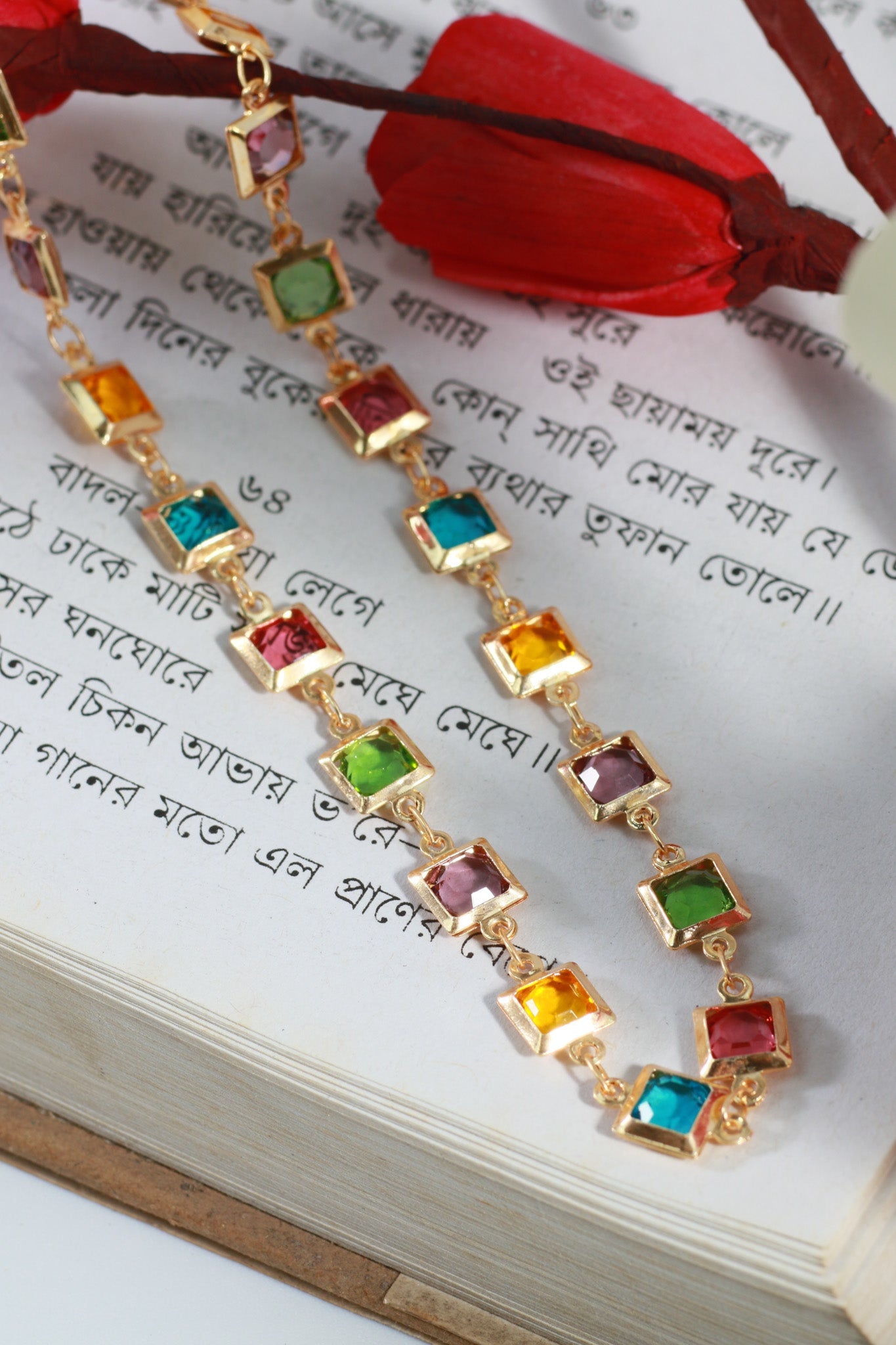 Multi - Color Square Stone Necklace – Gold Plated Statement Jewelry - Maxiblink