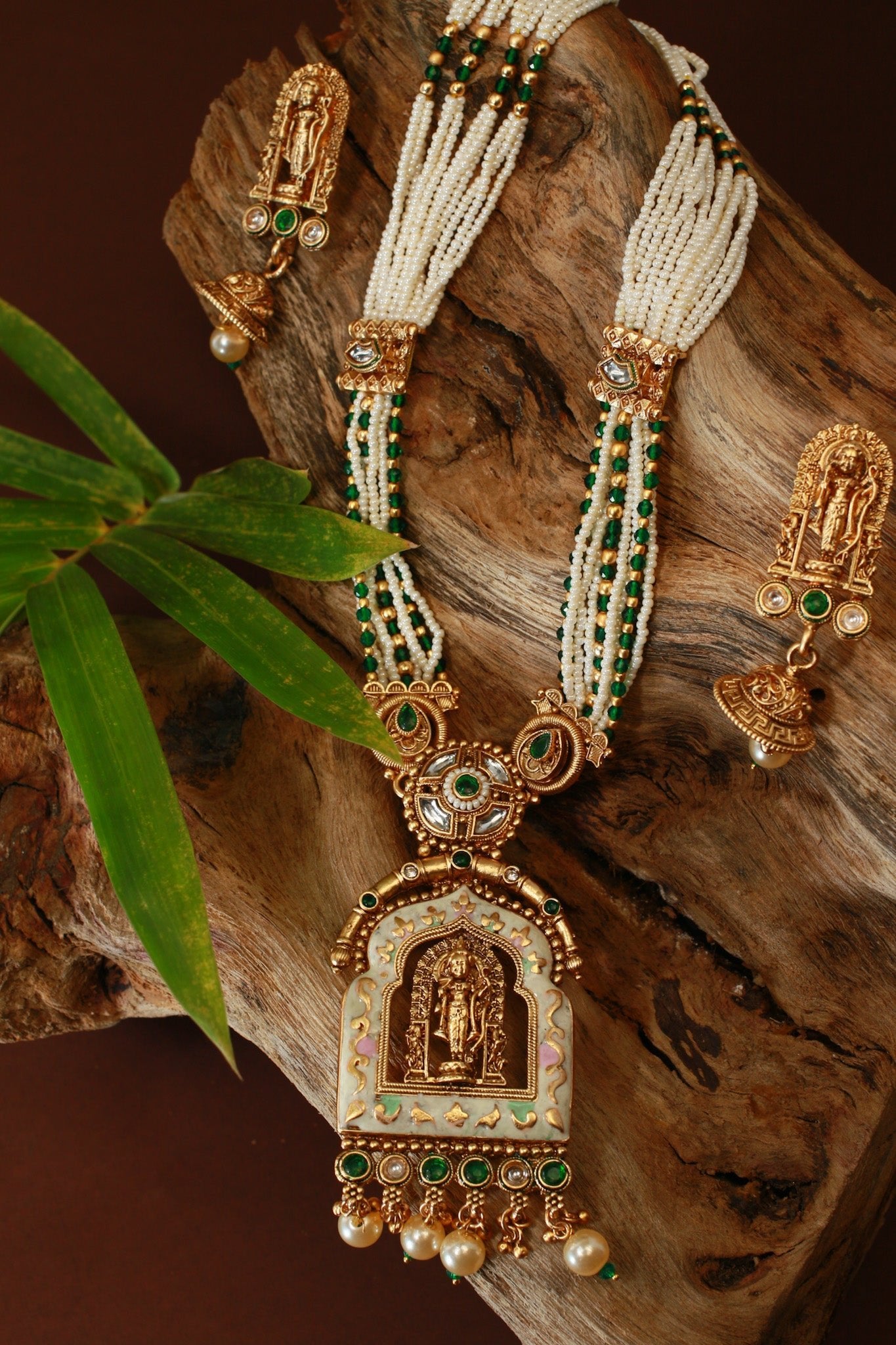 Multi - Strand Pearl Mala with Meenakari Balaji Temple Pendant - Maxiblink