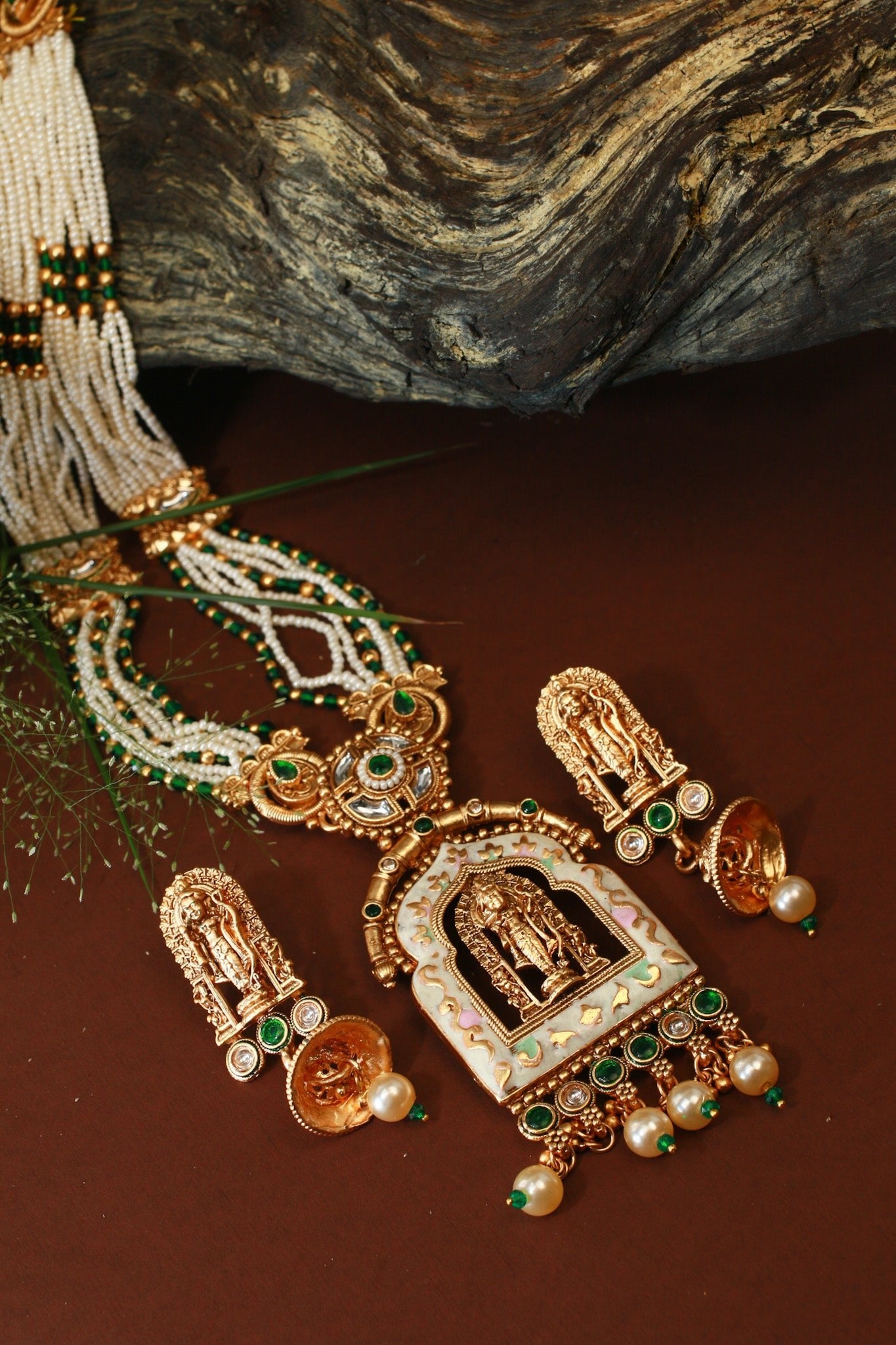 Multi - Strand Pearl Mala with Meenakari Balaji Temple Pendant - Maxiblink
