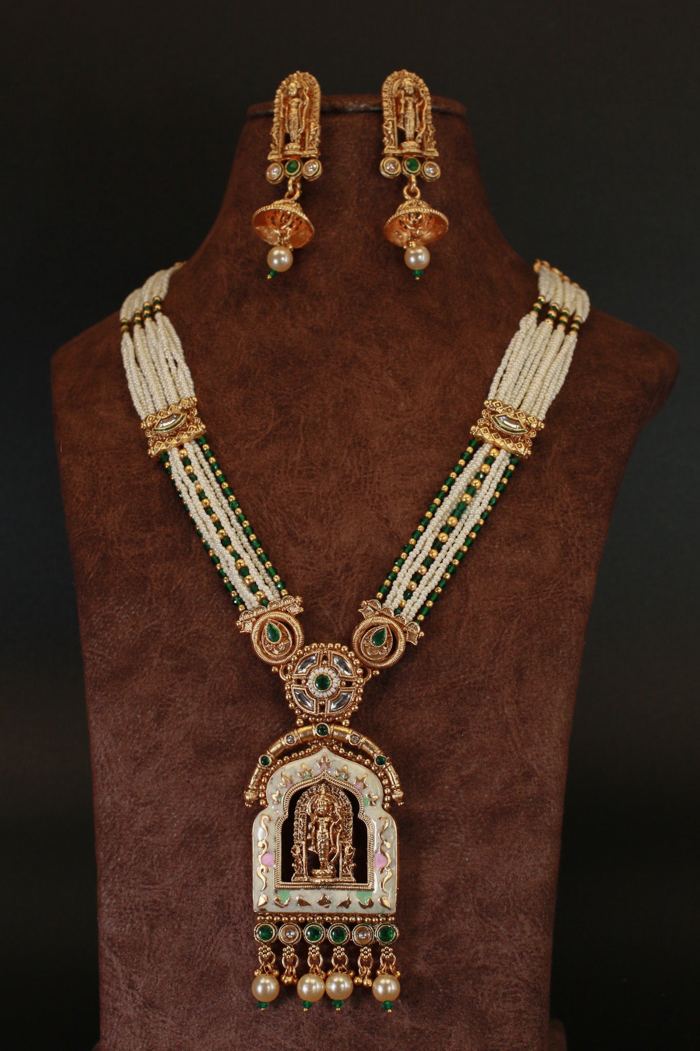 Multi - Strand Pearl Mala with Meenakari Balaji Temple Pendant - Maxiblink