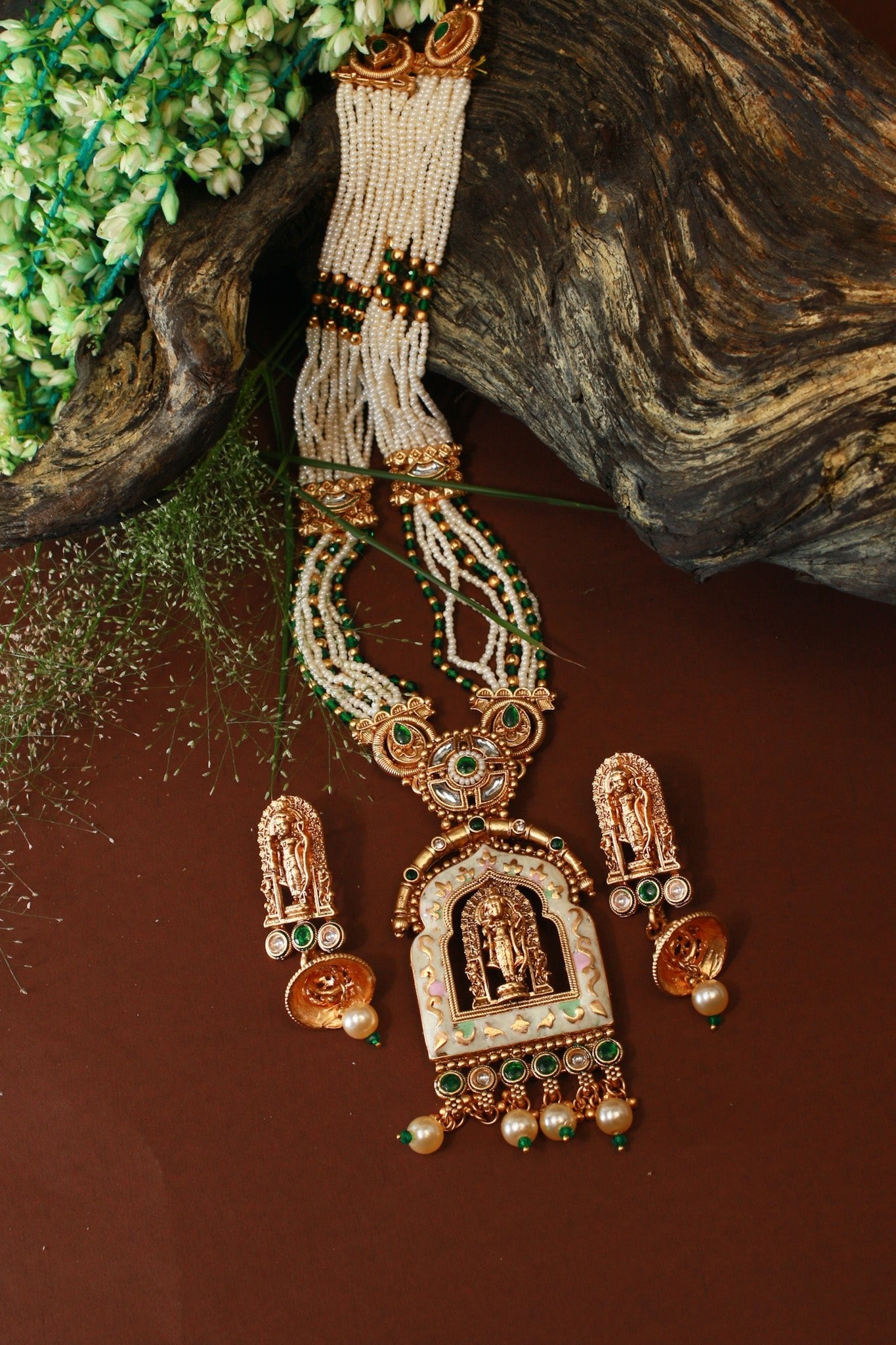 Multi - Strand Pearl Mala with Meenakari Balaji Temple Pendant - Maxiblink