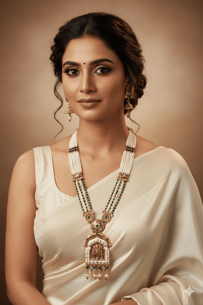 Multi - Strand Pearl Mala with Meenakari Balaji Temple Pendant - Maxiblink