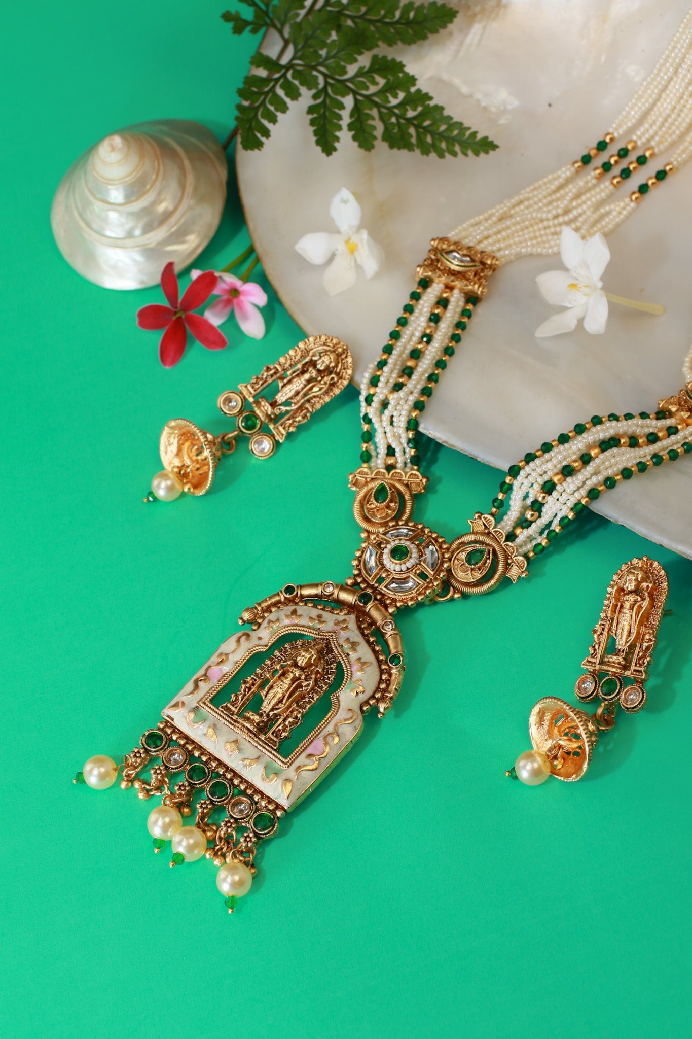 Multi - Strand Pearl Mala with Meenakari Balaji Temple Pendant - Maxiblink