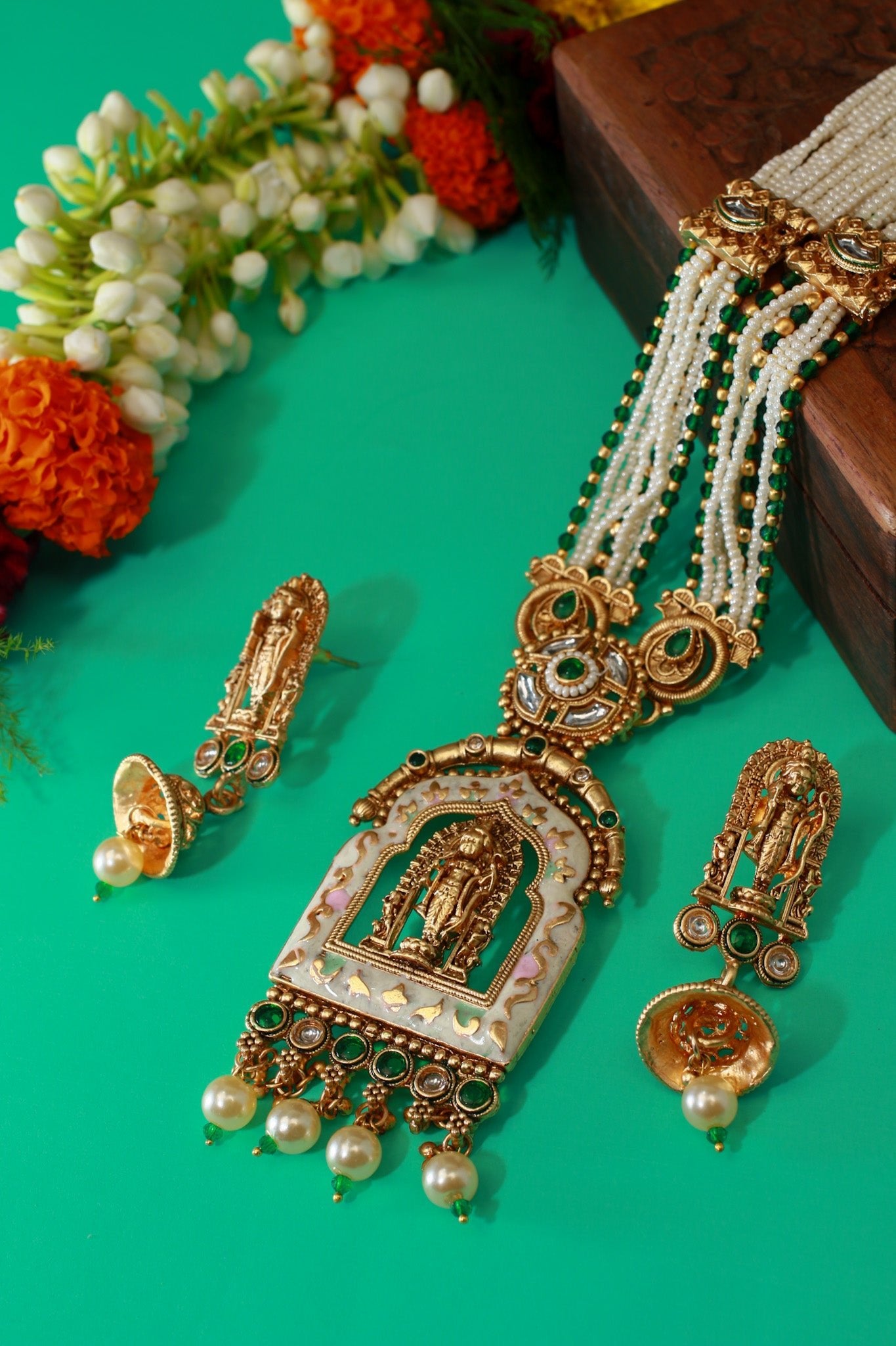 Multi - Strand Pearl Mala with Meenakari Balaji Temple Pendant - Maxiblink