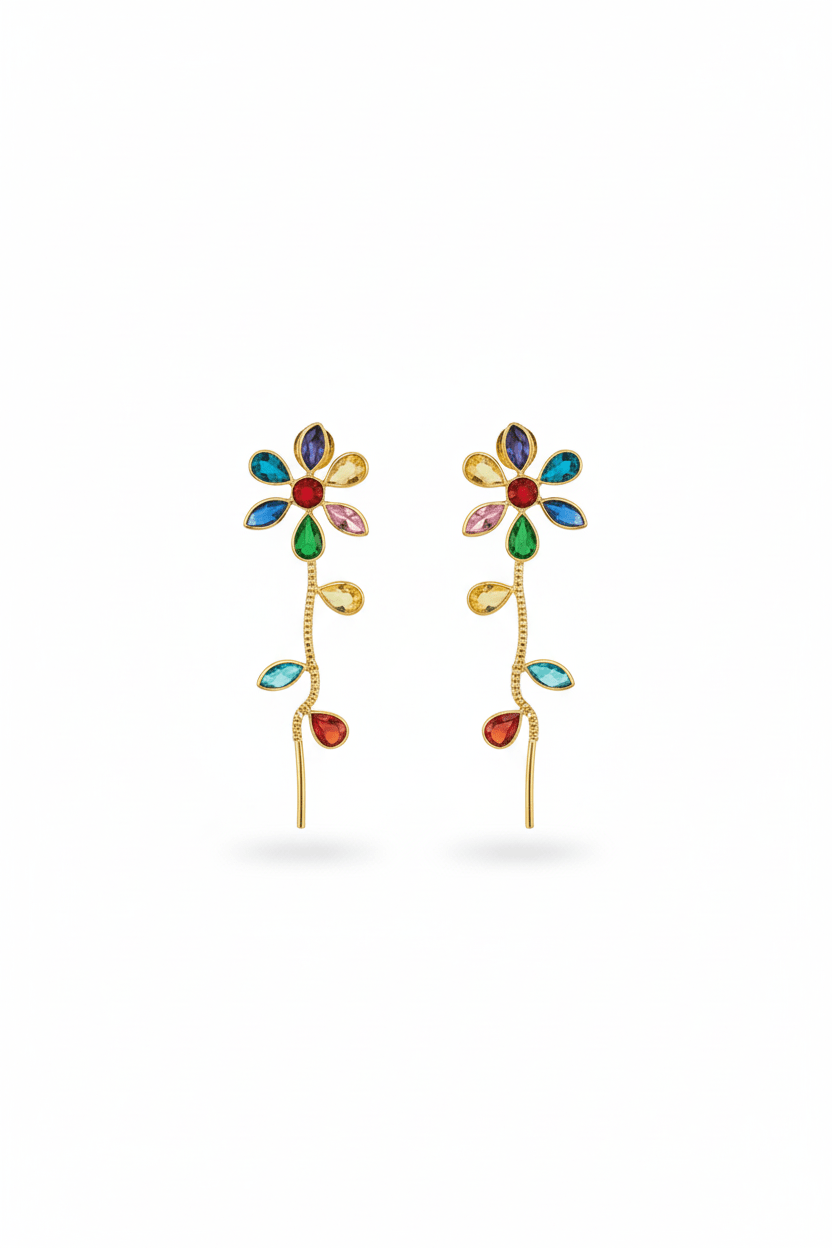 Multicolor Floral Ear Climber Threader Earrings | Natural Stones, Gold‑Plated Brass - Maxiblink