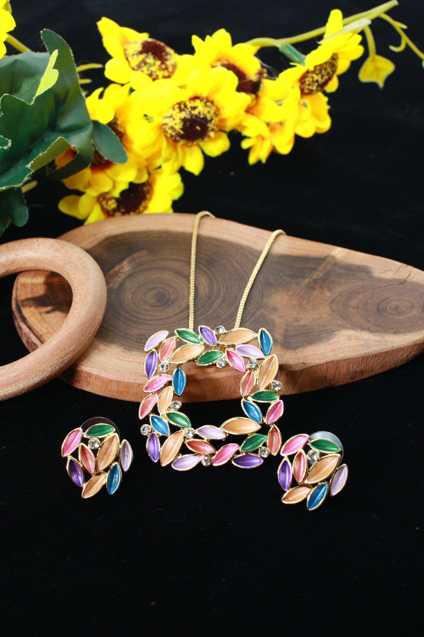 Multicolor Leaf Pendant Set - Enamel Jewelry with Gold Plating | Vibrant Festive Look | Anti Tarnish - Maxiblink