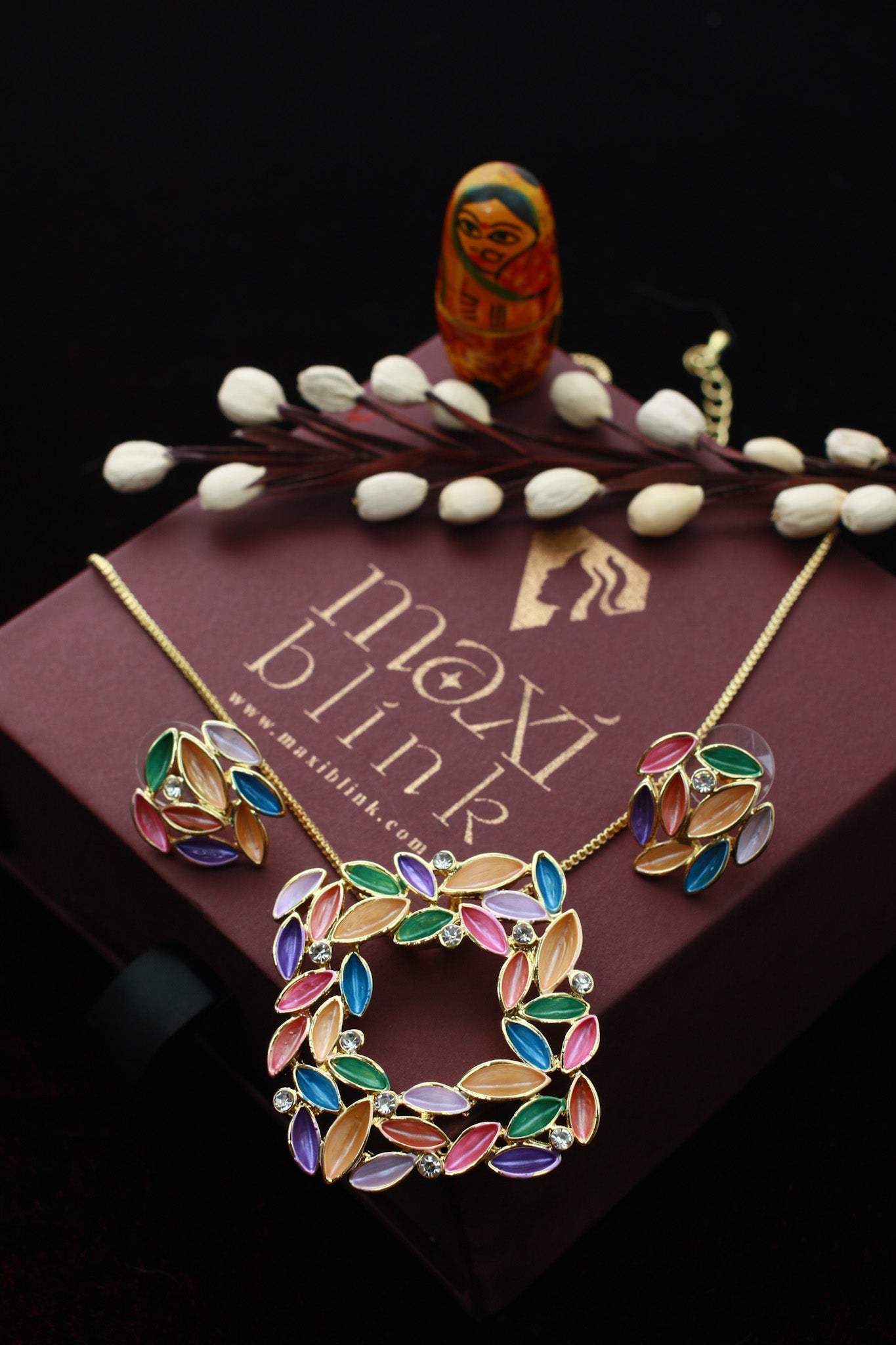 Multicolor Leaf Pendant Set - Enamel Jewelry with Gold Plating | Vibrant Festive Look | Anti Tarnish - Maxiblink