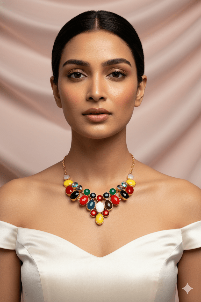 Multicolor Natural Stone Bib Statement Necklace | Brass Anti Tarnish | Lightweight - Maxiblink