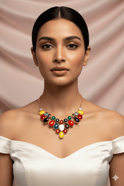 Multicolor Natural Stone Bib Statement Necklace | Brass Anti Tarnish | Lightweight - Maxiblink