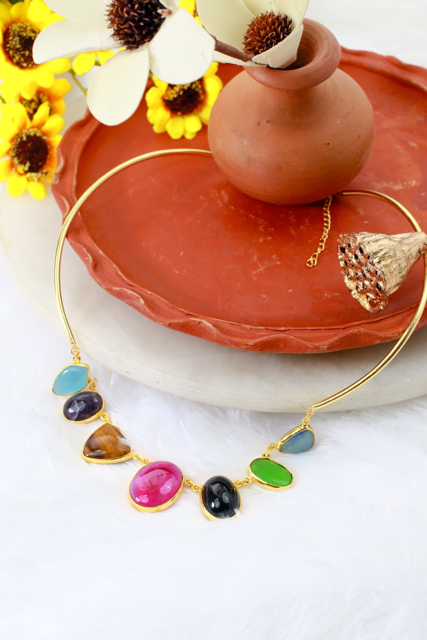 Multicolor Natural Stone Necklace | Brass Anti Tarnish | Lightweight - Maxiblink