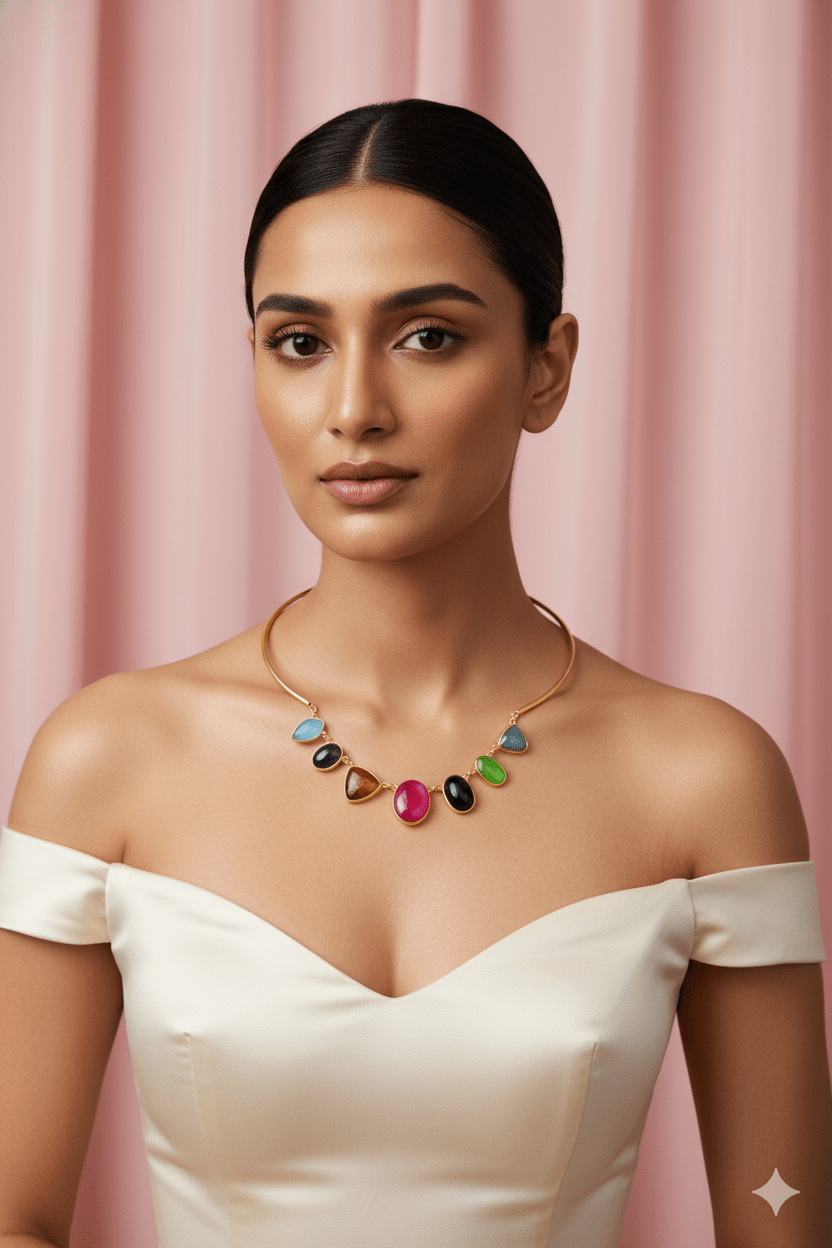 Multicolor Natural Stone Necklace | Brass Anti Tarnish | Lightweight - Maxiblink