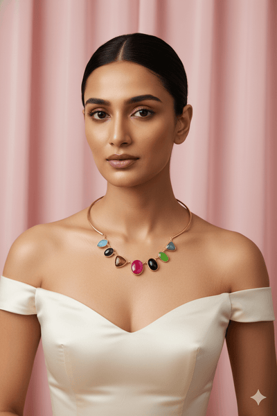 Multicolor Natural Stone Necklace | Brass Anti Tarnish | Lightweight - Maxiblink
