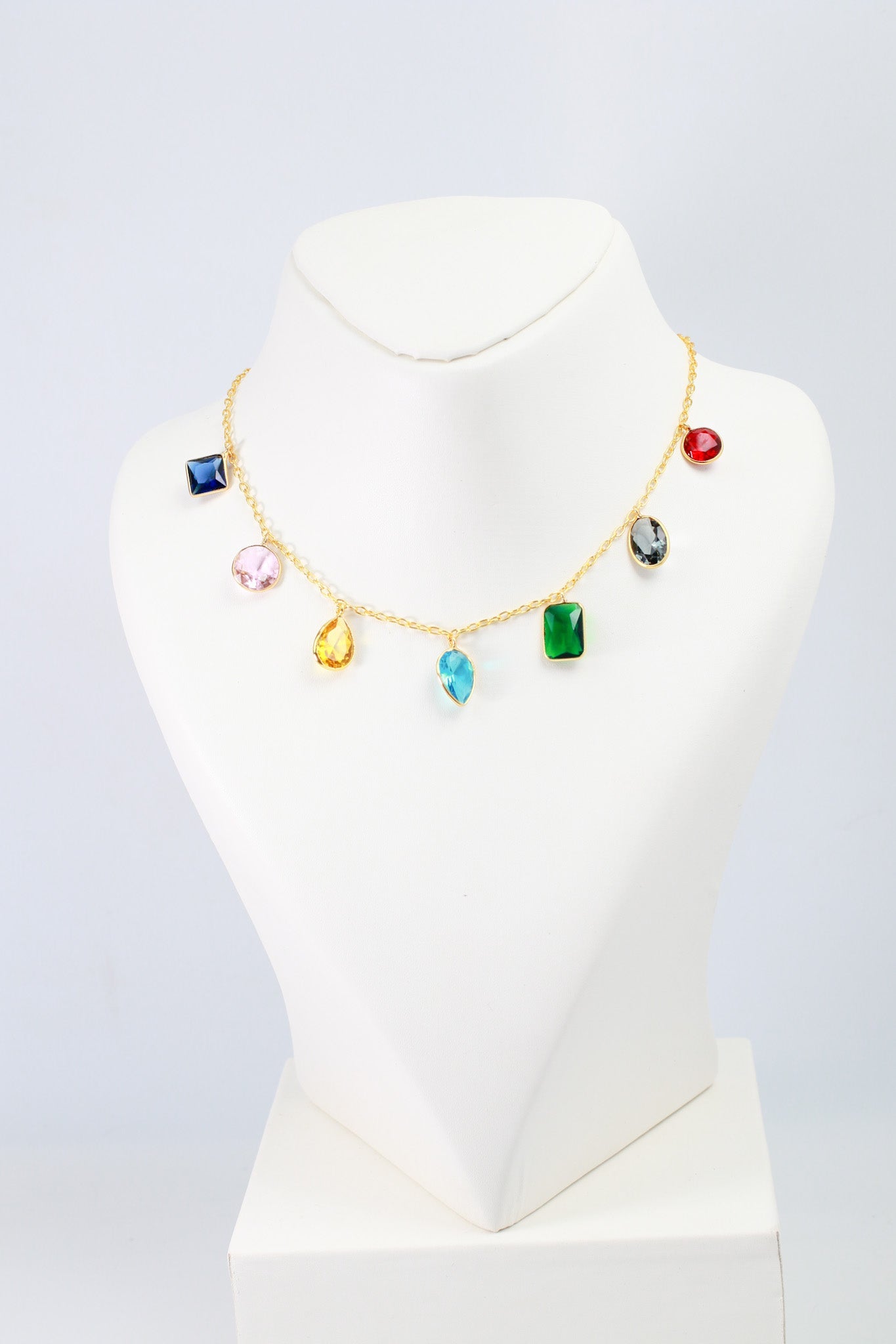 Multicolor Natural Stone Station Chain Pendant Necklace | Gold‑Plated Brass, Anti‑Tarnish - Maxiblink